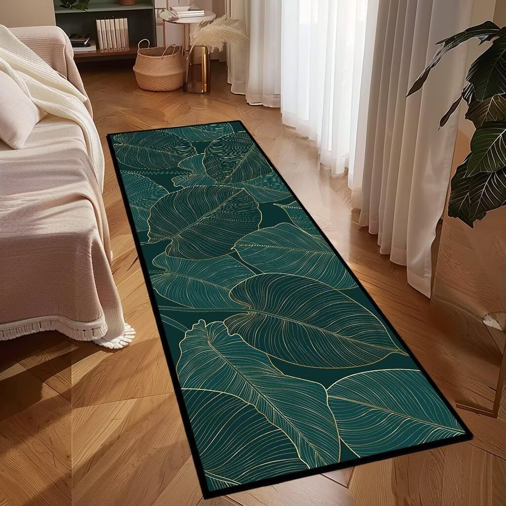 Green Area Rug 5x7 Washable Living Room Rug Tropical Palm Leaves Area Carpet Non Slip Entryway Throw Rugs Ultra-Thin Low Pile Floor Carpets Mat for Bedroom,Dining Room,Laundry,Office,Summer Home Decor