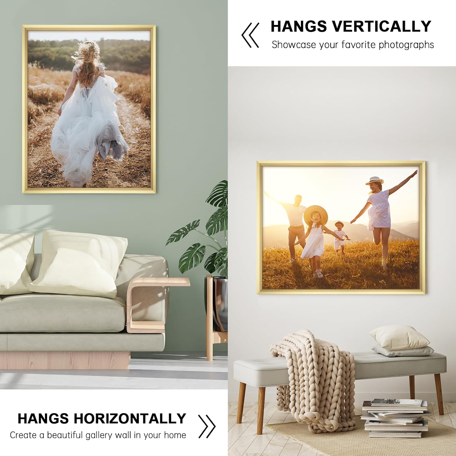 GULETHUN 22x28 Picture Frame, Gold Poster Frame, Home Decor Natural Gallery Frames, Horizontal or Vertical Format, Sturdy, Plexiglass, Large Wall Decor, for Photos, Artworks, Posters Gold 22x28in