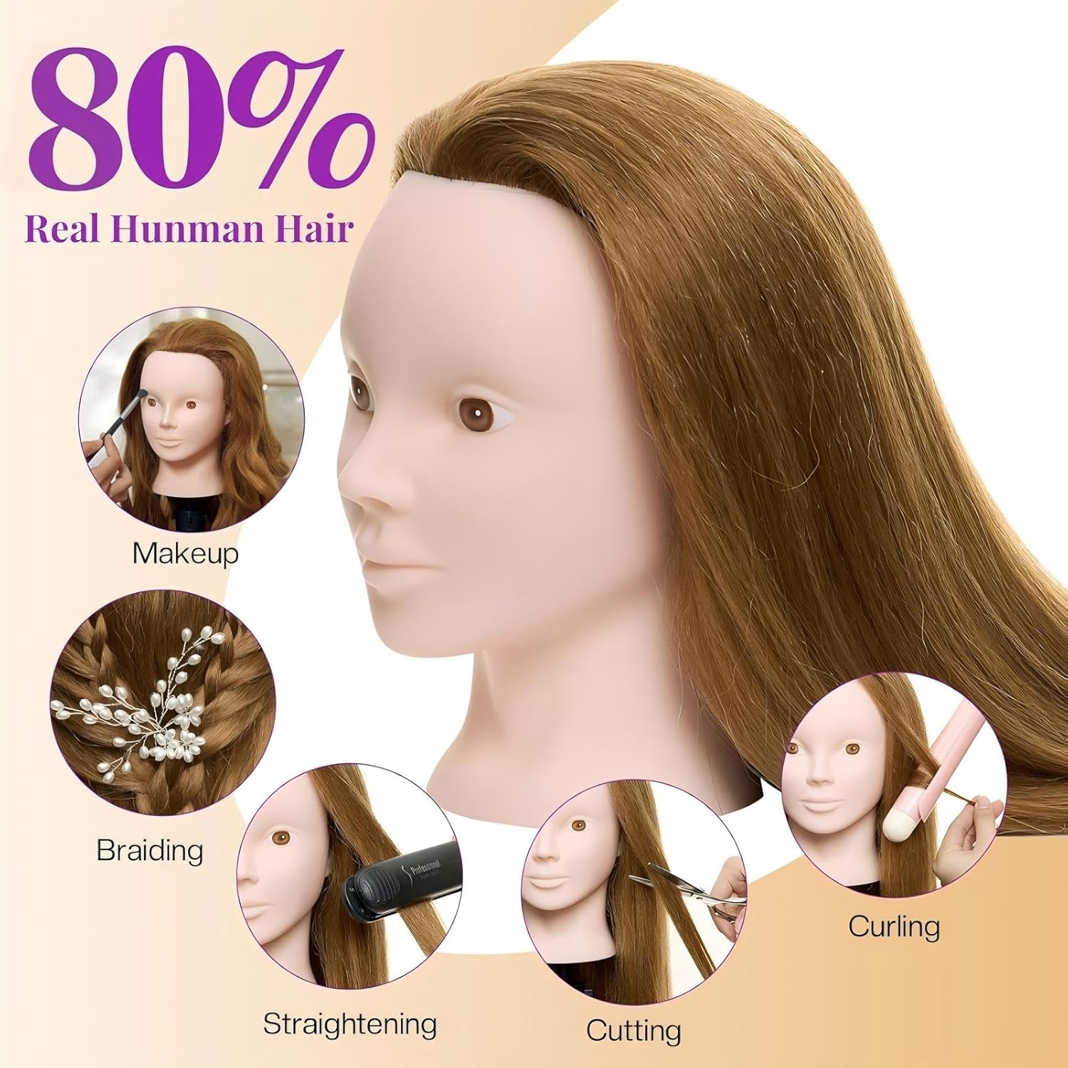 Neverland 24 Zoll Schminkkopf Frisierkopf mit Ständer 80% Echthaar Übungskopf Trainingsköpfe Friseurkopf mit Halter + Hair Styling Braid Set