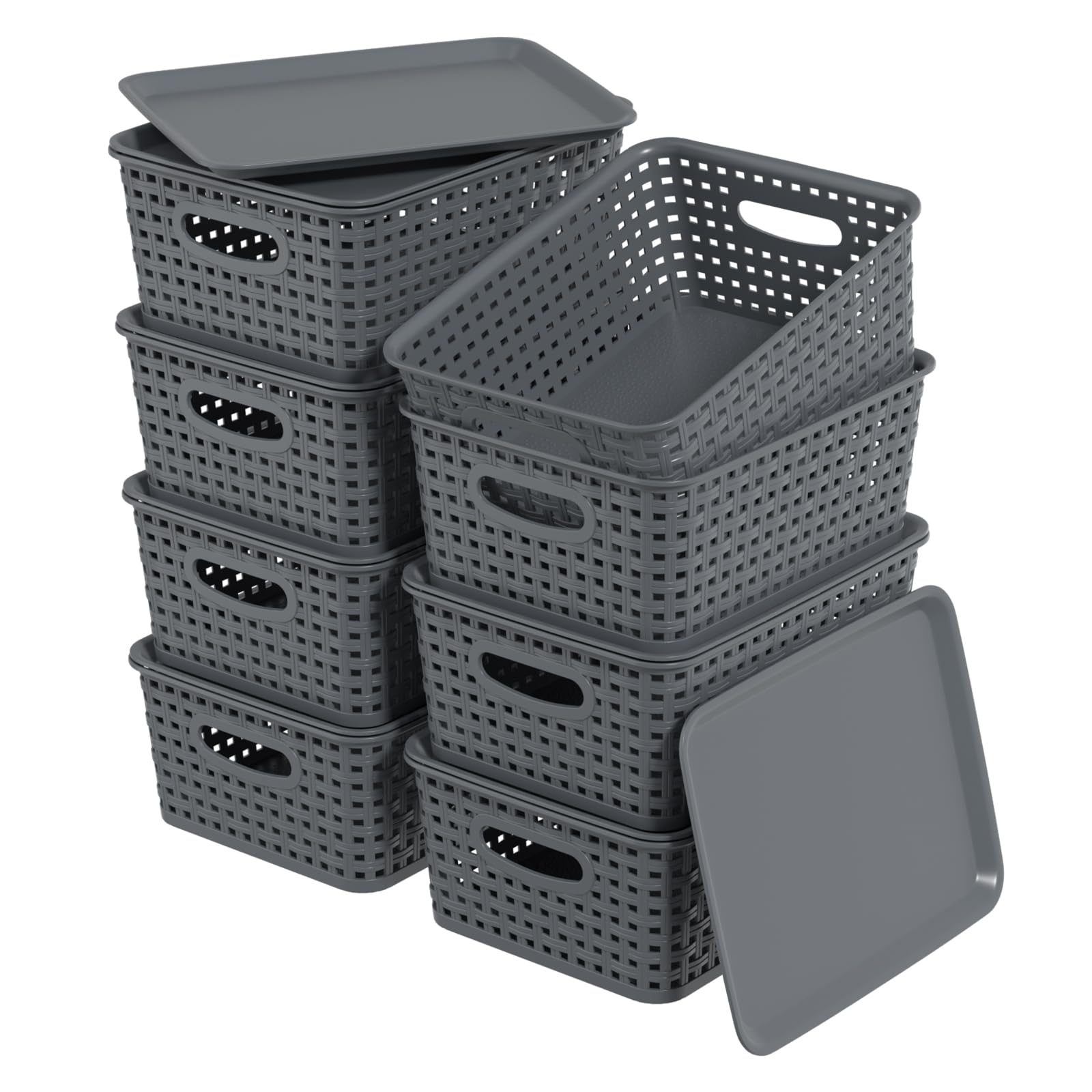 Asking Set of 8 Plastic Shelf Baskets with Lid, Plastic Lidded Storage Shelf Baskets, Gray