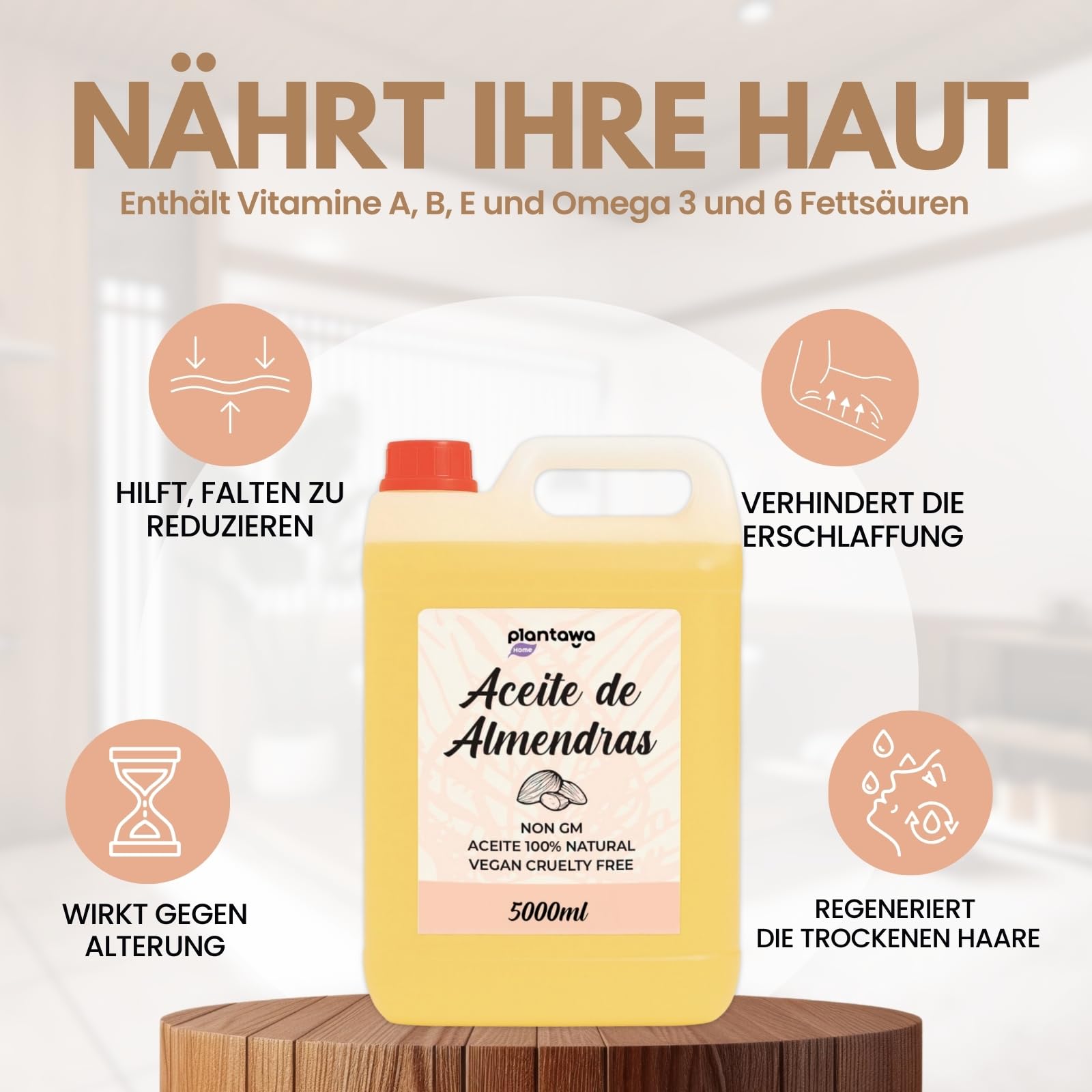 PLANTAWA Süßes Mandelöl 5L | Mandel-Körperöl | Feuchtigkeitsspendend für Haut und Haar | 100% Natürliches Mandelöl von Hoher Qualität und Vielseitigkeit