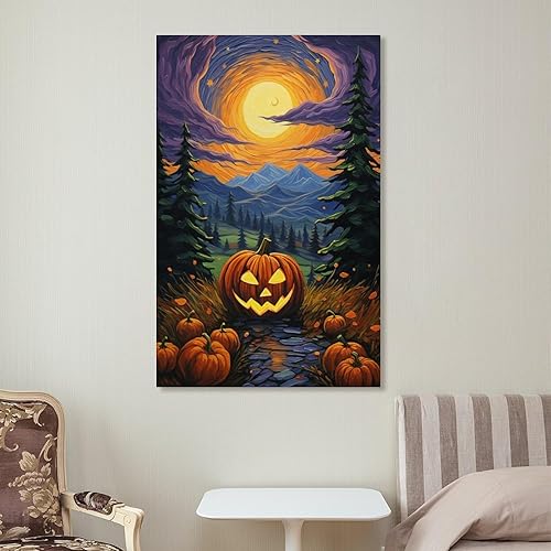 Miniatura 7 de Póster de noche estrellada de Van Gogh con diseño de calabaza, lienzo divertido y estético, decoración de pared de bosque de fantasía, pósteres e