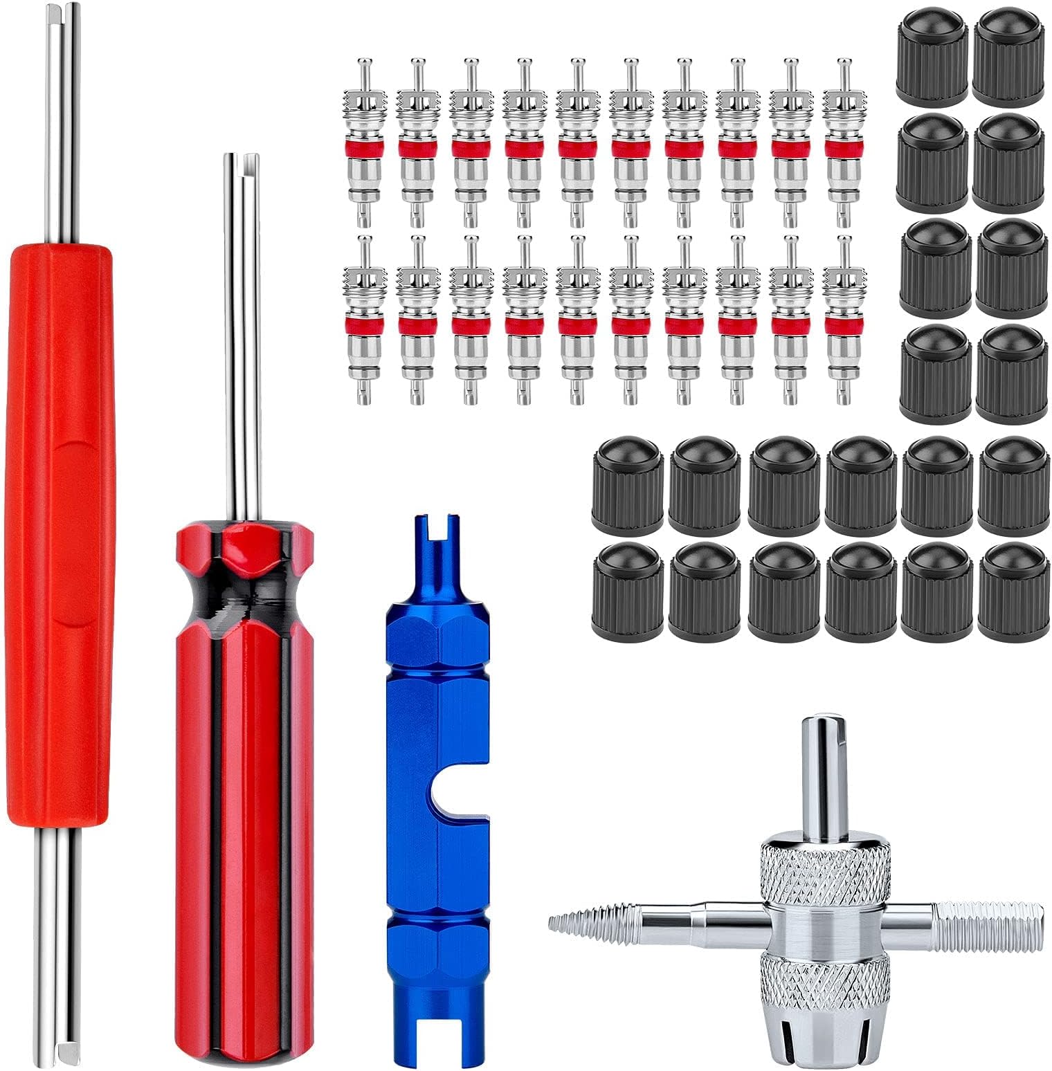 Valve Stem Removal Tool Kit, with Valve Stem Caps, Tire Valve Cores,4-Way Valve Tool, Single, and Dual Heads Valve Core Remover Tire Repair-44PCS