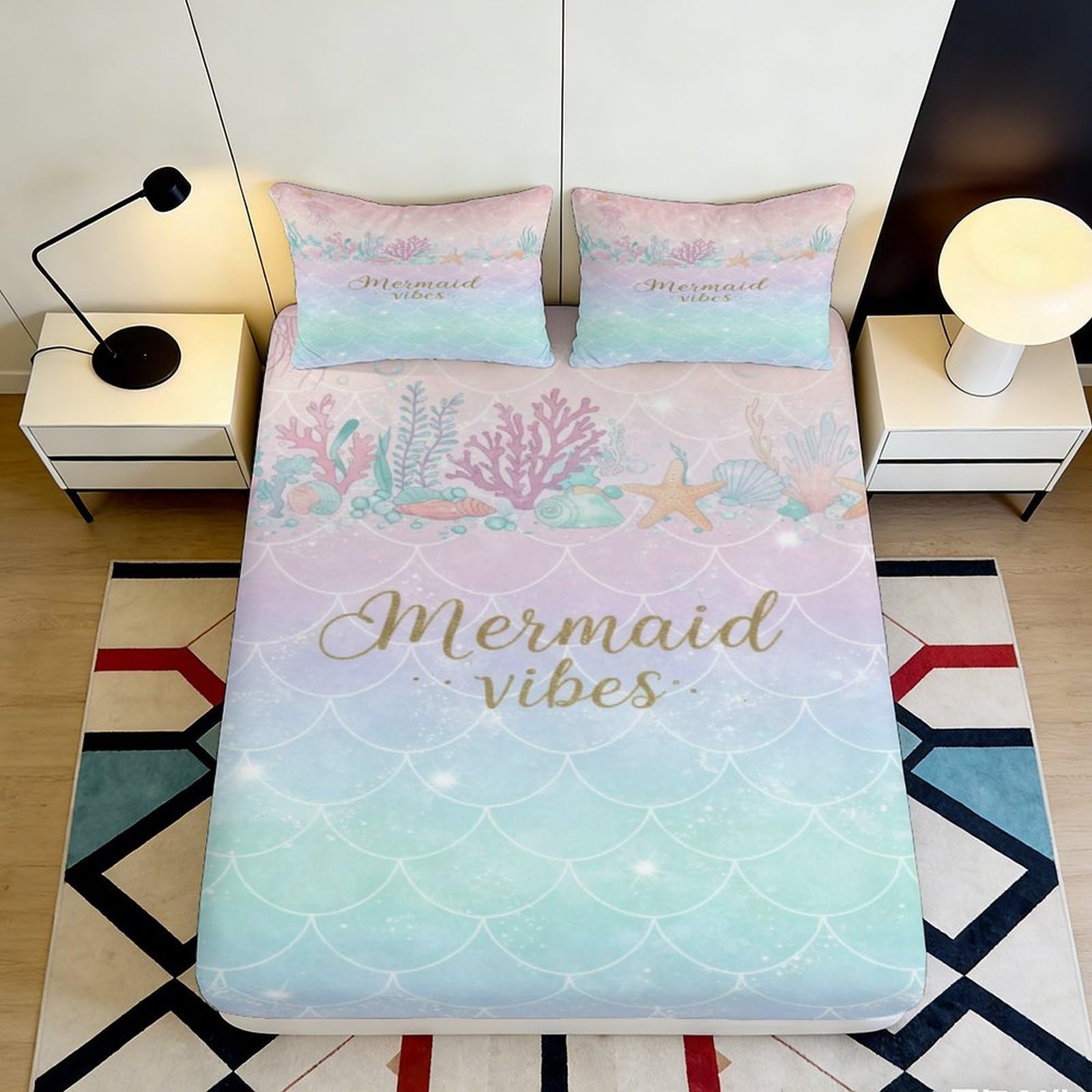 Jqzkxnhpbr Style-2 3D Printed Mermaid Shells Fitted Sheet Microfiber Pastel Starfish Mattress Cover For Bedroom Dorm Decorative Use 90X200x25cm
