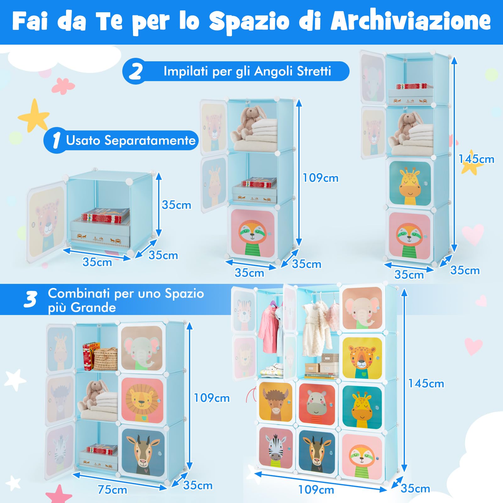 COSTWAY Guardaroba Portatile per Bambini, Armadio Portatile con 12 Cubi, Organizzatore Modulari per Camera dei Bambini Soggiorno, 109 x 35 x 145 cm (Blu)