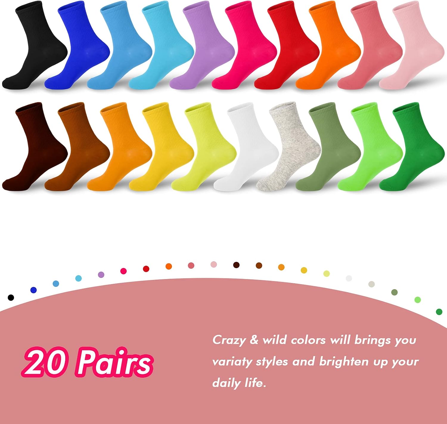 kimteny 20 Pairs Womens Socks, Solid Color Crew Socks Colorful Lightweight Cotton Athletic Socks - Image 2