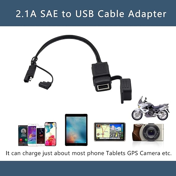 GELRHONR SAE Quick Connector to USB Adapter Motorcycle Cable, 5V 2.1A USB Port Power Socket with Waterproof Cover,Compatible with Smart Phone Tablet GPS Charge On Motorcycle12-24V -36CM