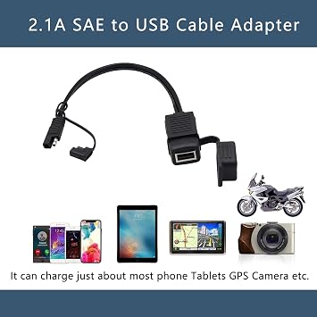 GELRHONR SAE Quick Connector to USB Adapter Motorcycle Cable, 5V 2.1A USB Port Power Socket with Waterproof Cover,Compatible with Smart Phone Tablet GPS Charge On Motorcycle12-24V -36CM
