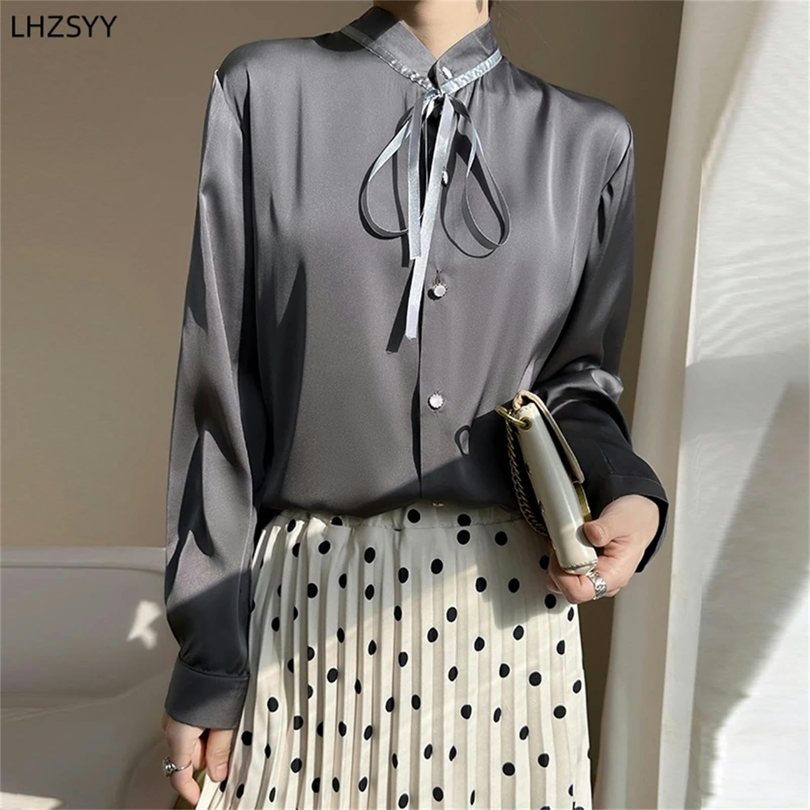 Bluse Damen Cardigan Stehkragen Satin Shirt Frauen Frühling Stil Bluse Langarm Top-Weiss-m