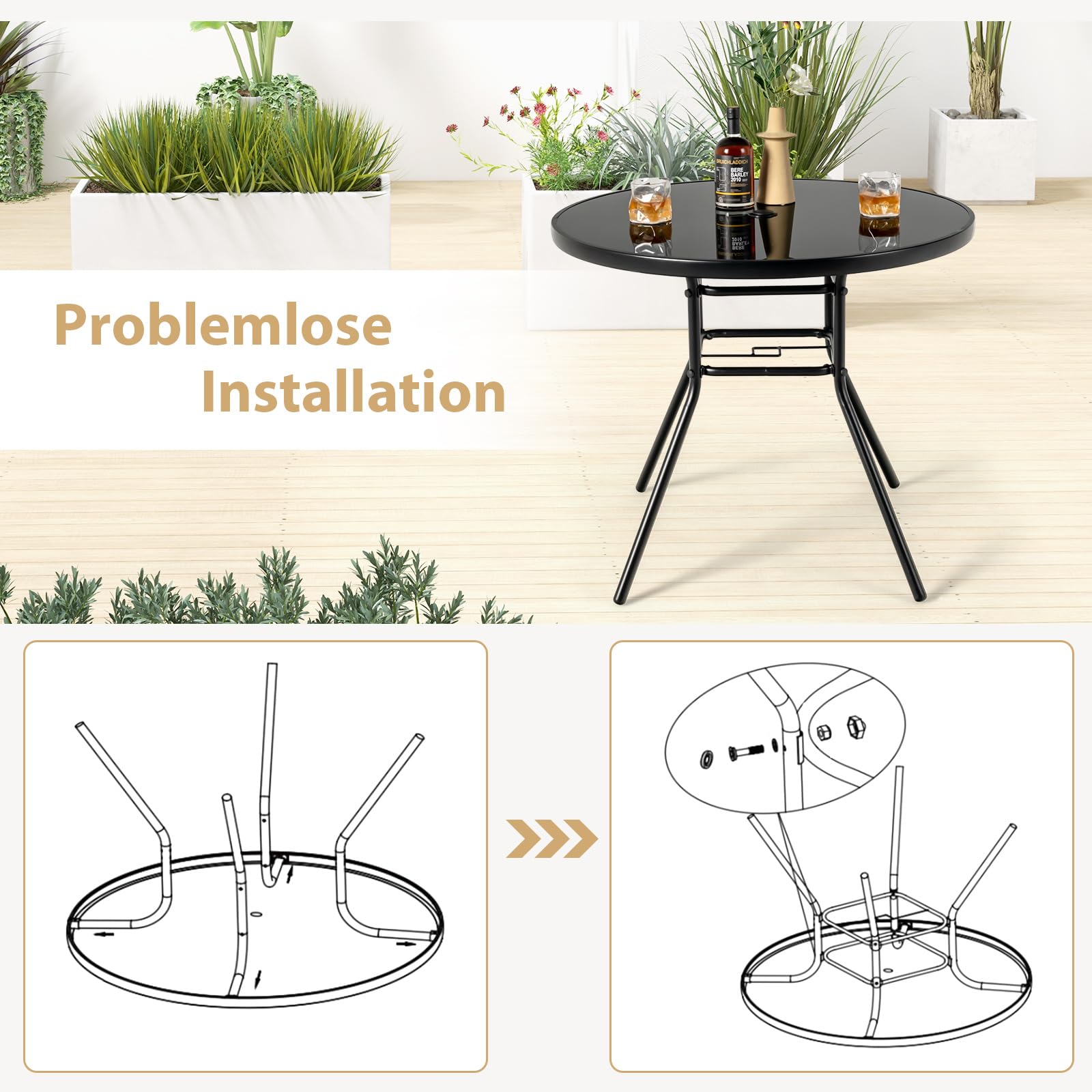 GOPLUS Gartentisch Metall, 86cm Beistelltisch Outdoor mit Glasplatt & 3,5cm Schirmloch, Balkontisch Terrassentisch wetterfest, Esstisch Bistrotisch Kaffeetisch für Garten Hof Terrasse Balkon Pool