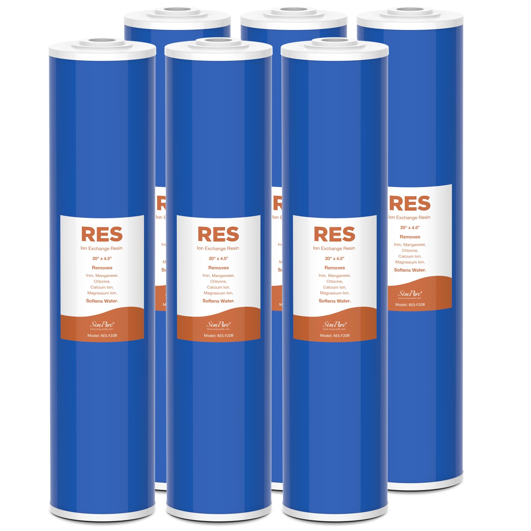 SimPure Whole House Water Filter Cartridges 20" x 4.5" Cation Exchange Resin Water Softening Filter, For DB20P, DB20P-3, WHB20, 6 Pack