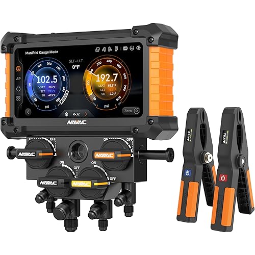 NAVAC Nexus 2 Digital Manifold Gauge NX4G | 4-Valve Bluetooth HVAC Gauge w/HD Touchscreen | 100 Refrigerants | Impact-Resistant | A2L Compatible | Temp Clamps & Case Included | 2-Year Warranty