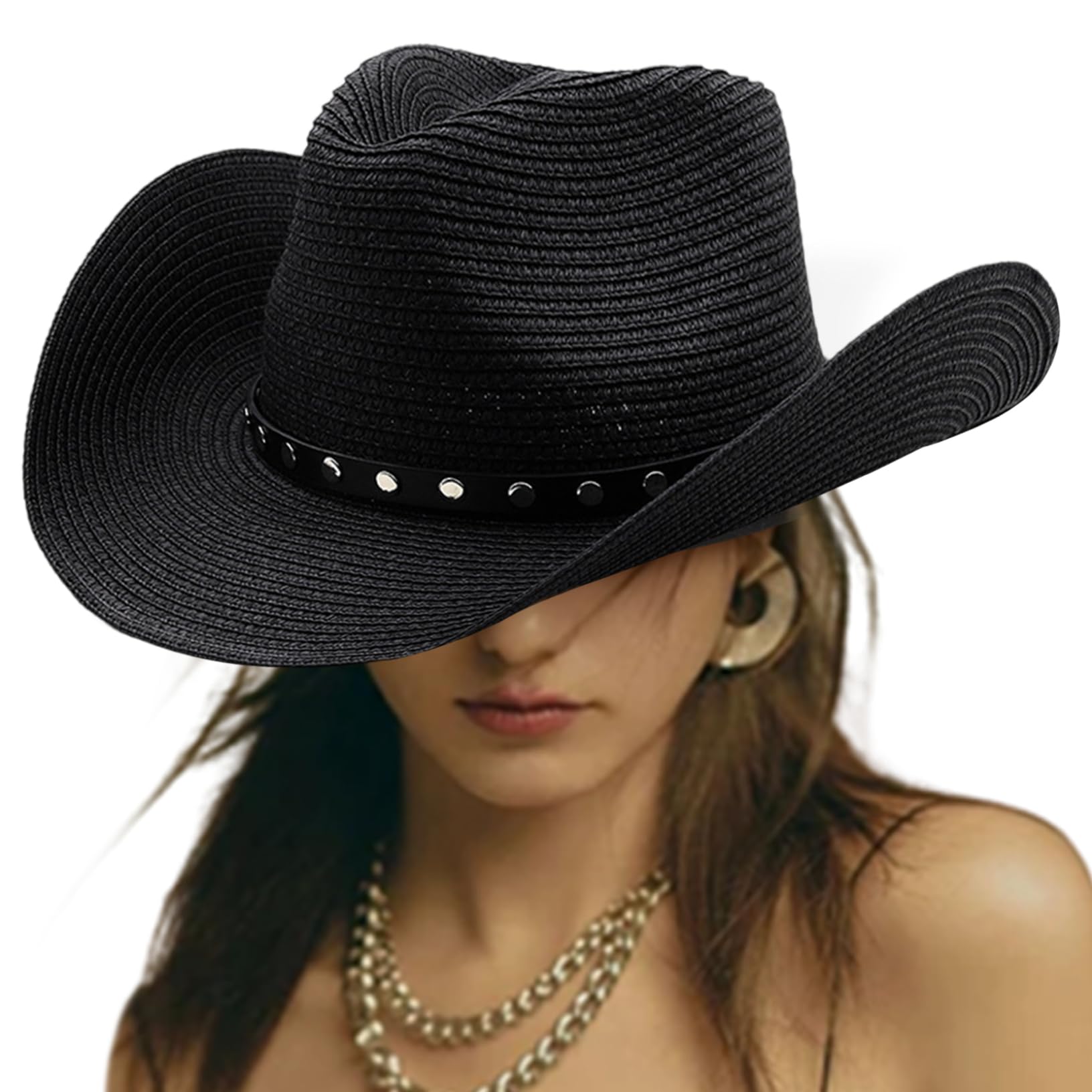 Wedhapy Unisex Black Cowgirl Hat Cowboy Hat, Uv Protection Straw Cowboy With Wide Brim, Cowgirl With Leather Belt, Western With Adjustable Chin Strap