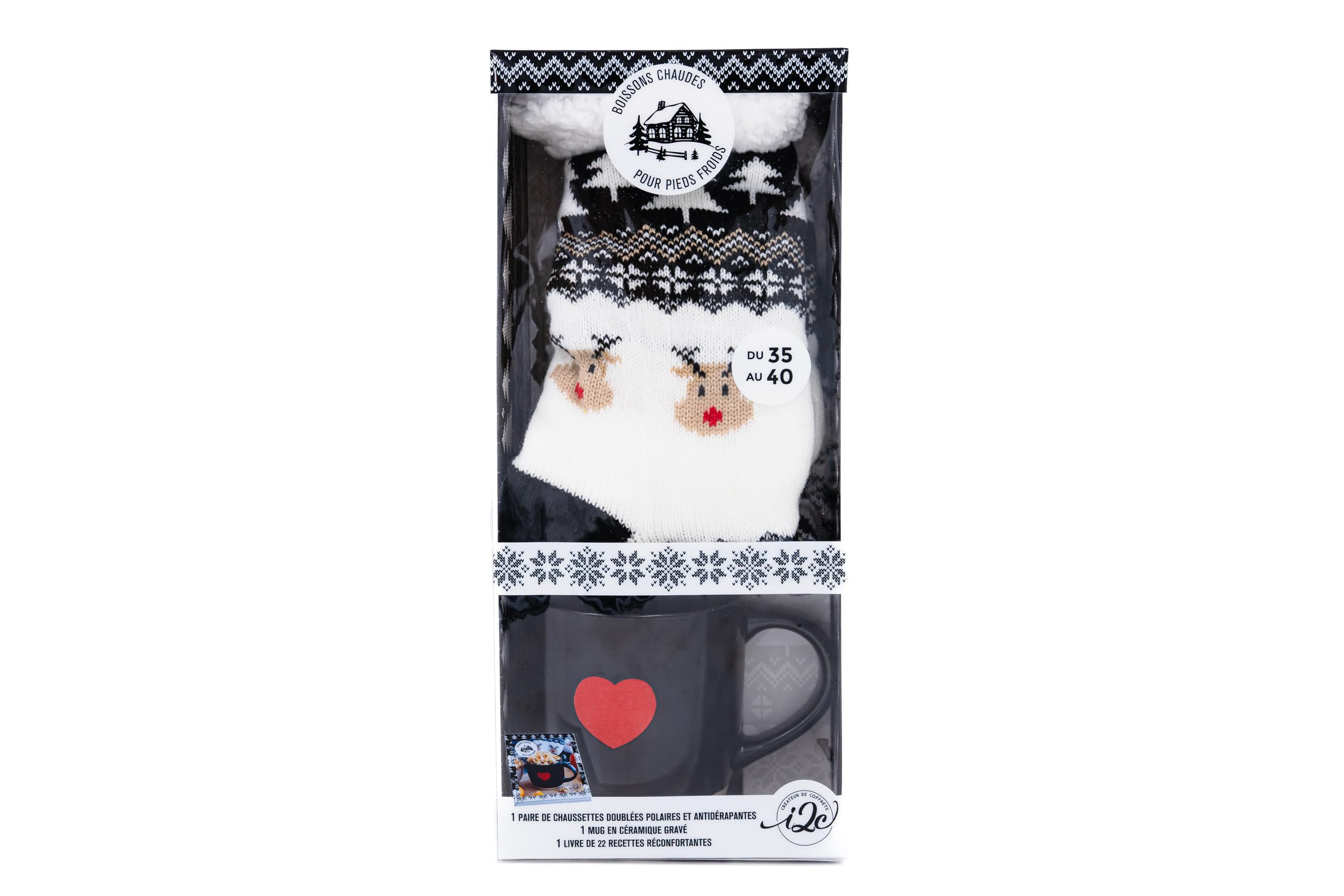 Boissons chaudes pour pieds froids Rennes black: Coffret avec 1 paire de chaussettes doublées en polaire et antidérapantes, 1 mug en céramique gravé, 1 livre de 22 recettes réconfortantes