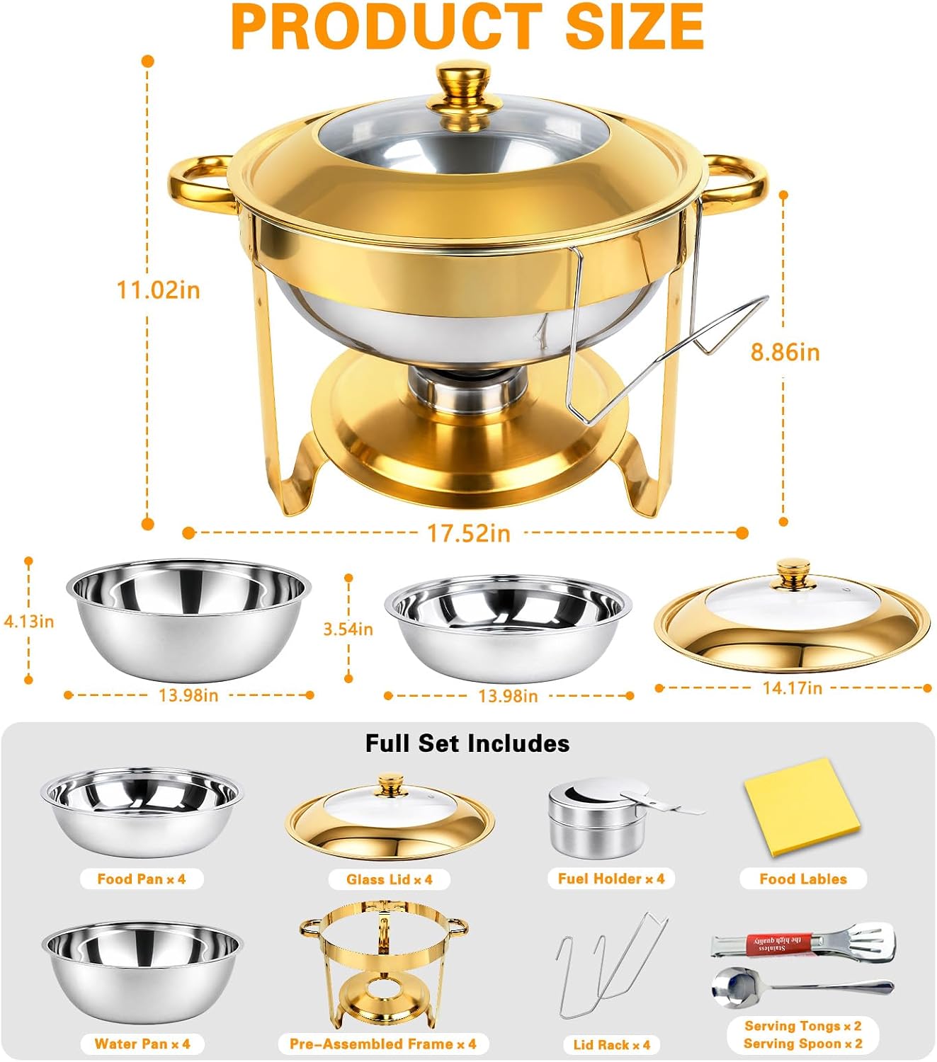 Chafing Dishes for Buffet 4 Pack 6QT Gold Stainless Steel with Glass Lid