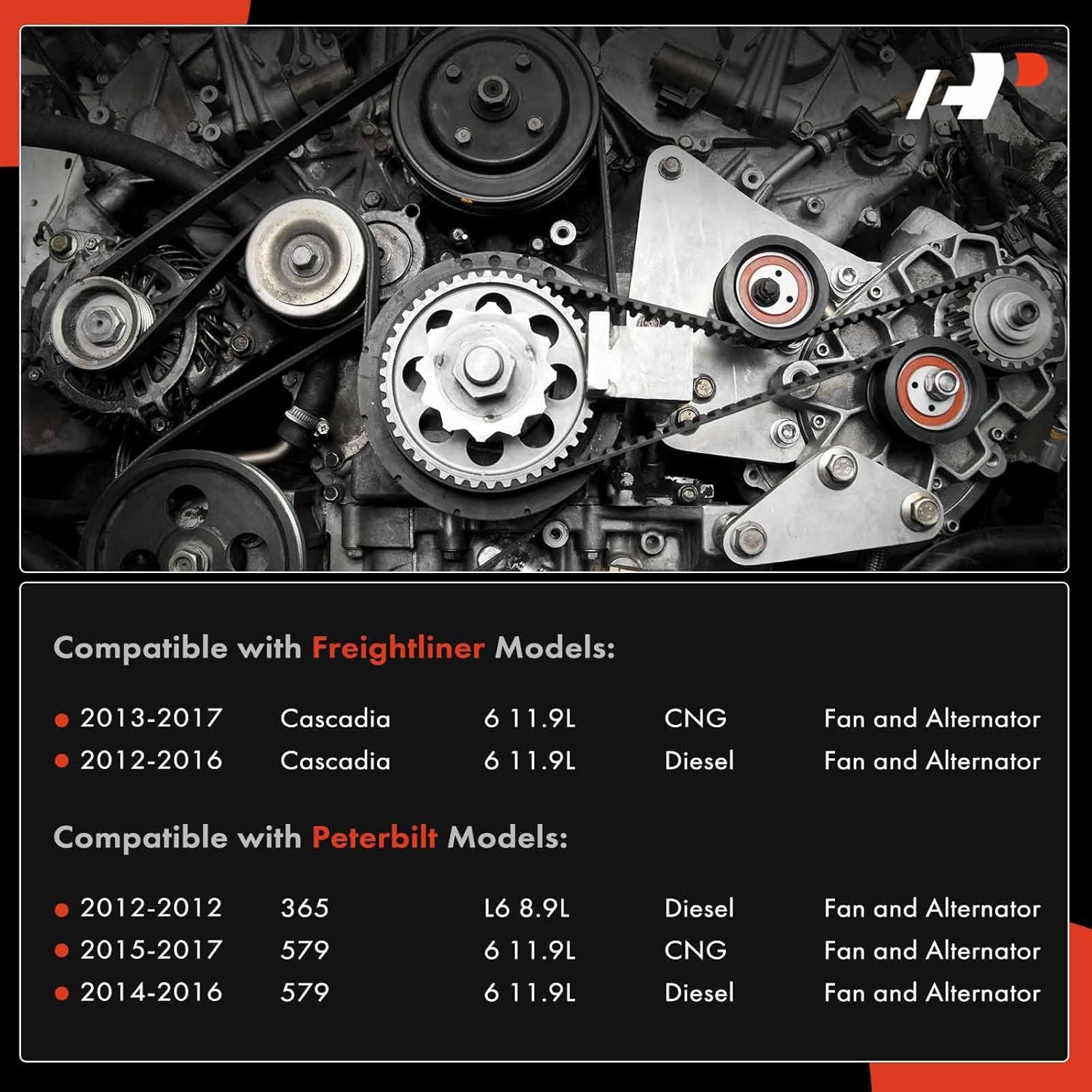 A-Premium Engine Serpentine Belt Drive Kit Compatible with Freightliner Cascadia 2012-2017 11.9L & Peterbilt 365 2012 8.9L, 579 2015-2017 11.9L