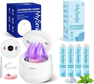 MySmile Ultrasonic Retainer Cleaner Machine with Tablets- 45kHz White Dental Pod with 200ML Capacity and MySmile Retainer Cleaner with 120 Denture Cleaning Mint Flavor Tablets