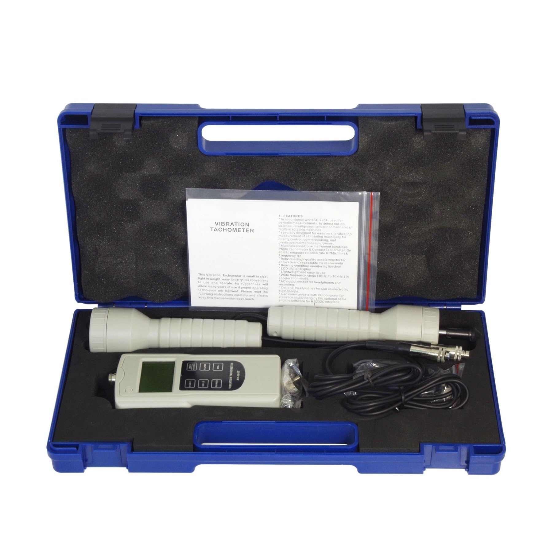 Medidor de vibración digital, tacómetro de vibración digital portátil AV-160T, puede medir la tasa de rotación RPM y frecuencia Hz, medición de desplazamiento de velocidad,