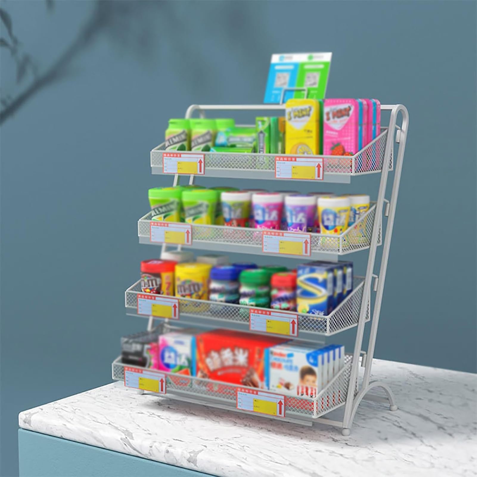 Metall Snackständer Bonbons 4 Ebenen Einzelhandelsständer für Supermarkt, Büro, Nizer, Chips, Übergröße, Schwarz, 28 x 49,5 cm