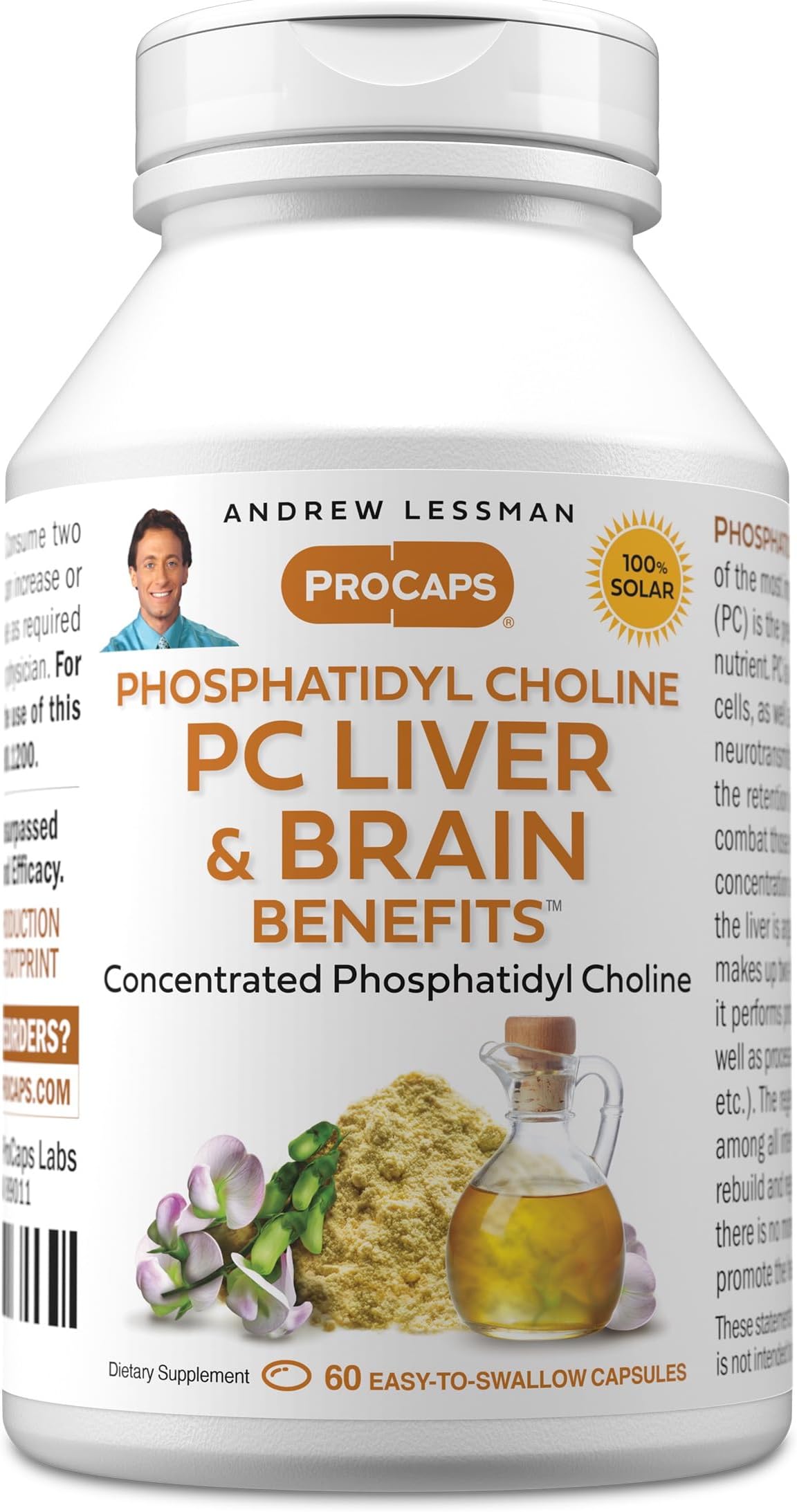 ANDREW LESSMAN PC Liver and Brain Benefits 60 Softgels - Phosphatidyl Choline, Most Important Building Block for Healthy Liver and Brain Structure, Function. No Additives. Easy to Swallow Softgels