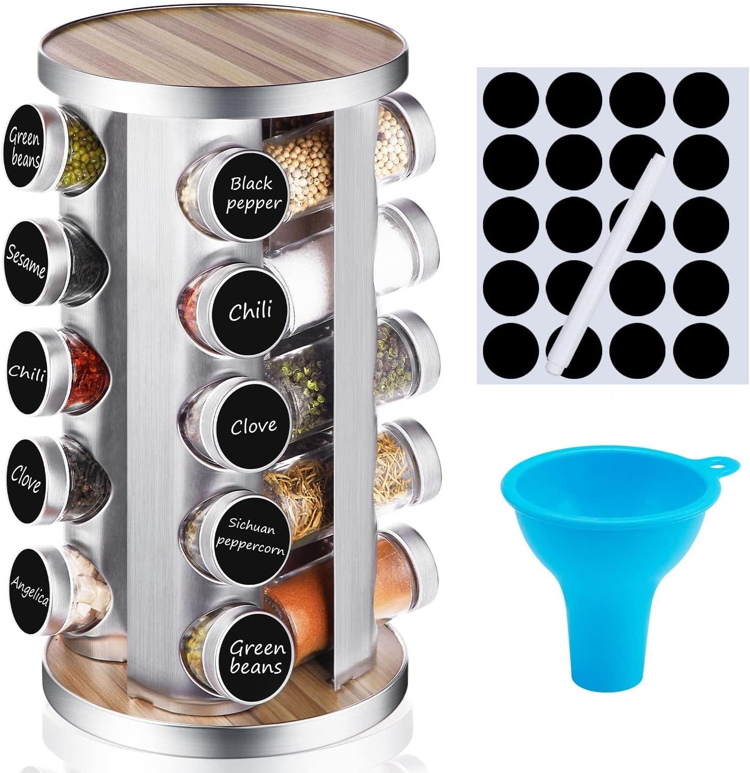 DEFWAY Rotating Spice Rack Organiser - Free Standing Spice Rack with 20 Empty Jars, 40 Labels, Chalk Marker, Funnel (Round)