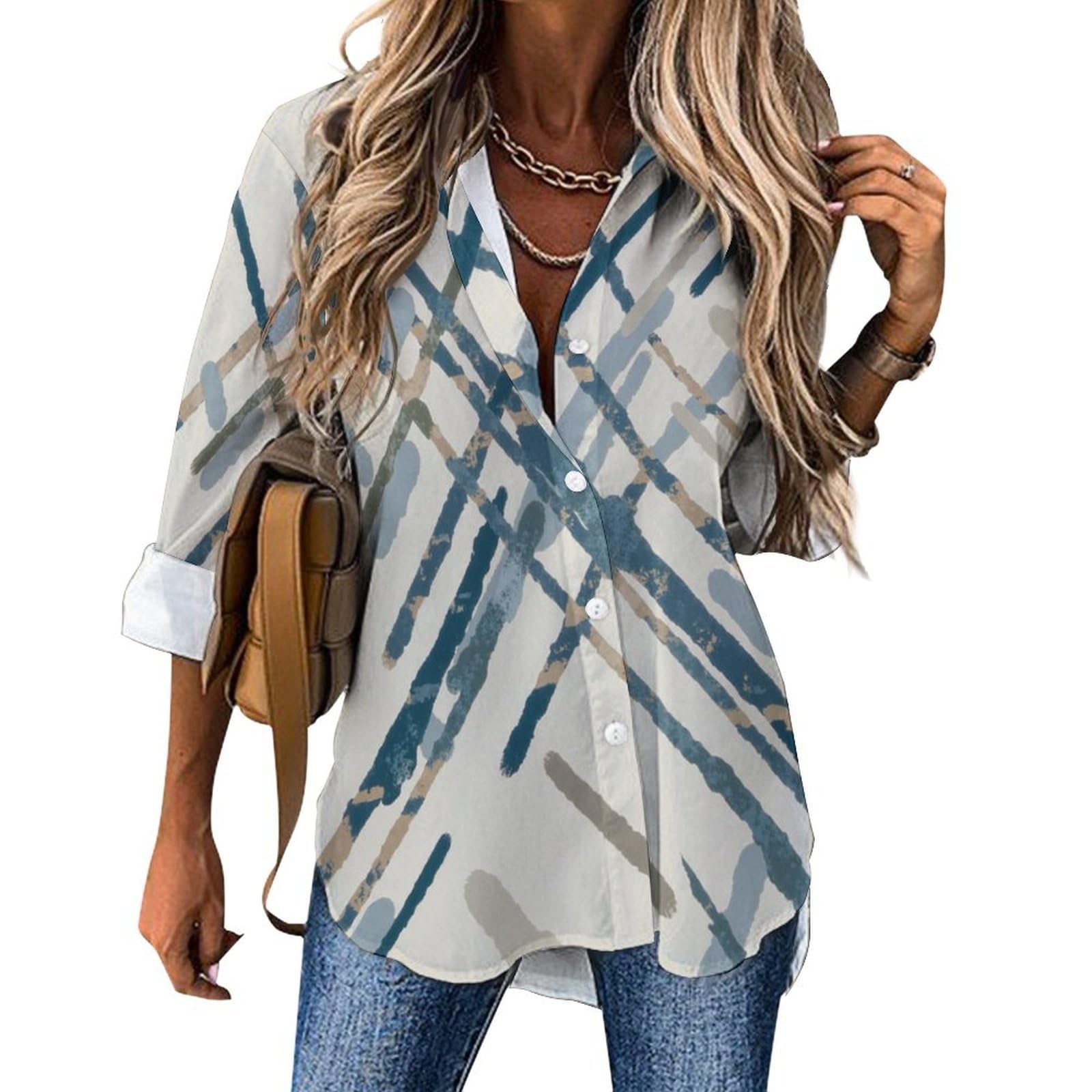 Camicia a Donna Manica Lunga Linee Diagonali Blusa Moda