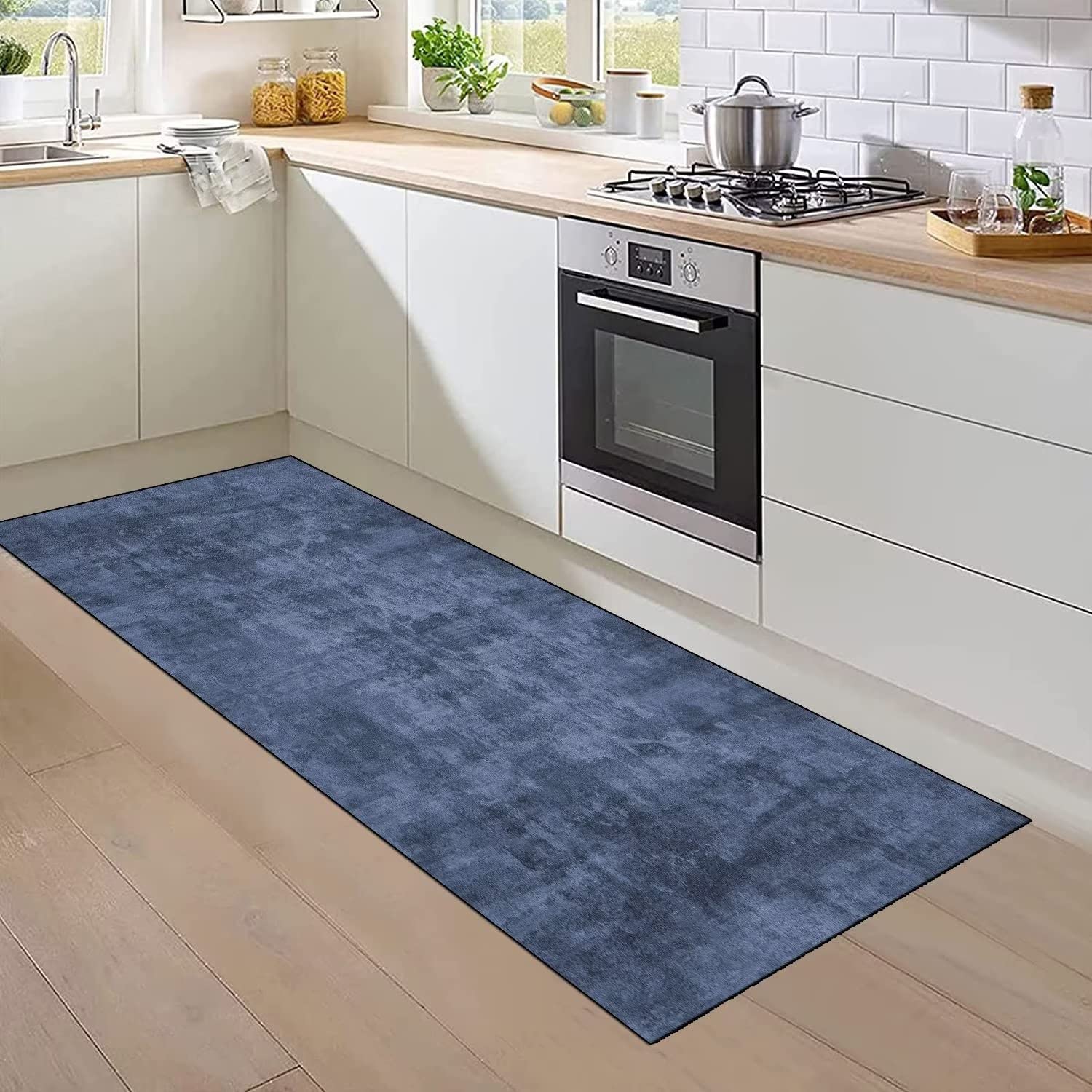 Läufer Teppich Lang Flur rutschfest Waschbar 70X120CM Küche Korridor TeppichLäufer für Flur Graublau Schlafzimmer Wohnzimmer Polyester Teppichmatte Dauerhaft, Anpassbar Küchenteppich Meterware