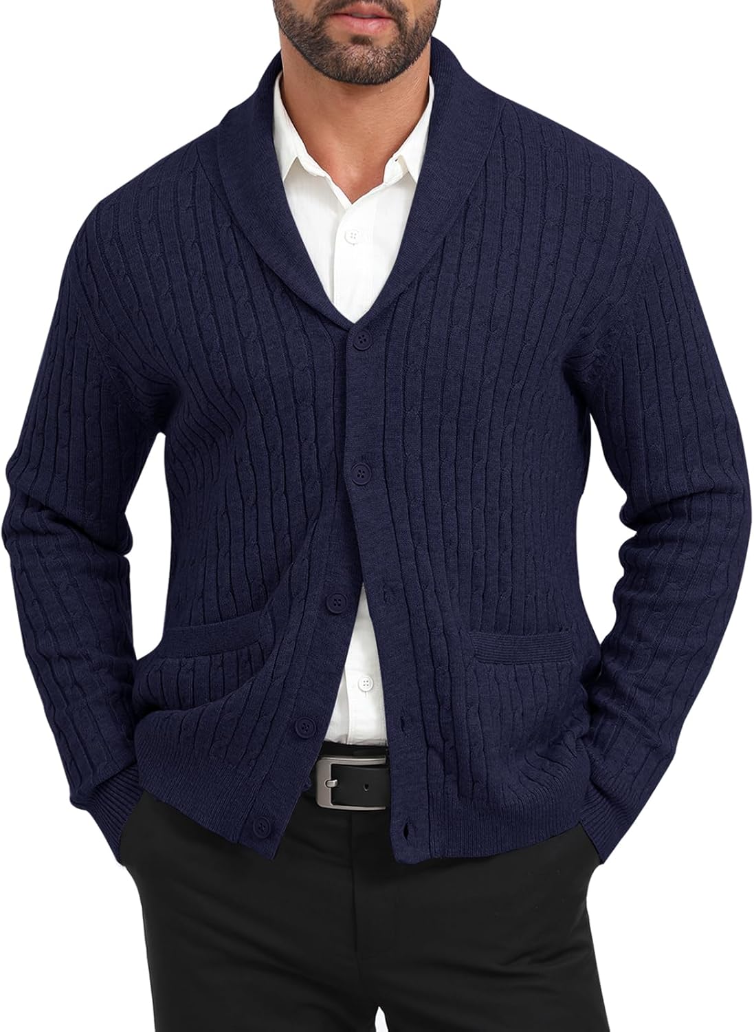 ALLOVIN Mens Cable Knit Cardigan Sweater Shawl Collar Long Sleeve Button Down with Pockets Casual Business Wear Fall Winter - Image 4