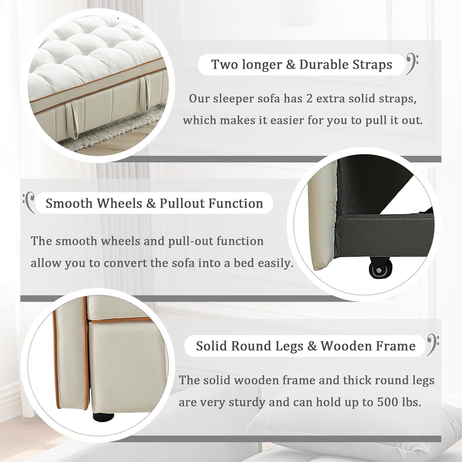 55.5" Convertible Sleeper Sofa Bed, 3 in 1 Velvet Loveseat Sofa Couch with Adjustable Backrest, Modern Pull Out Couch with Round Pillows and Pockets for Living Room (Beige)