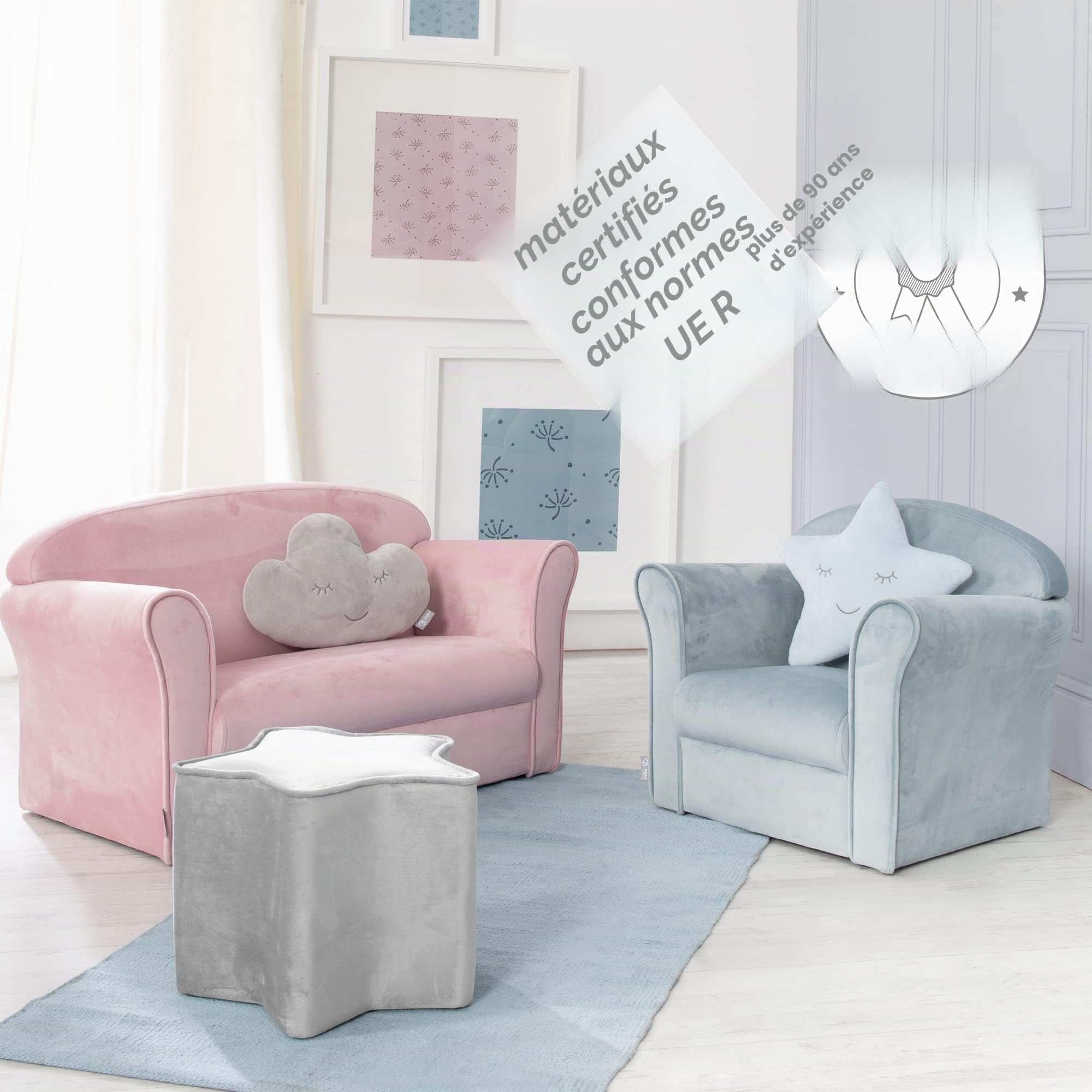 roba Canapé Enfant en Velours Lil Sofa - 2 Places - Fauteuil Club avec Accoudoirs Confortables - 78 x 40 cm - Facile à Nettoyer - dès 18 Mois - Gris