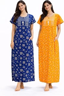 VEER TEJA FASHION Women Cotton Maxi Nighty Free Size Combo Pack of 2 Printed Night Gown Short Sleeve Round Neck Full Lengt... Price In India