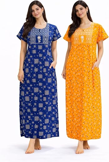 VEER TEJA FASHION Women Cotton Maxi Nighty Free Size Combo Pack of 2 Printed Night Gown Short Sleeve Round Neck Full Lengt...