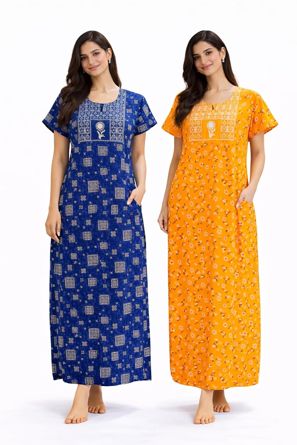 VEER TEJA FASHION Women Cotton Maxi Nighty Free Size Combo Pack of 2 Printed Night Gown Short Sleeve Round Neck Full Lengt... - Review, Price and Buying Guide