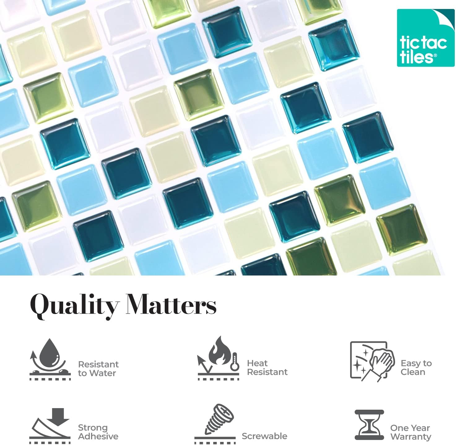 Tic Tac Tiles Peel and Stick Self Adhesive Removable Stick On Kitchen Backsplash Bathroom 3D Wall Sticker Wallpaper Tiles in Small Square Designs (Vetro Aqua & Glassy Peacock) (5, Glassy Peacock)