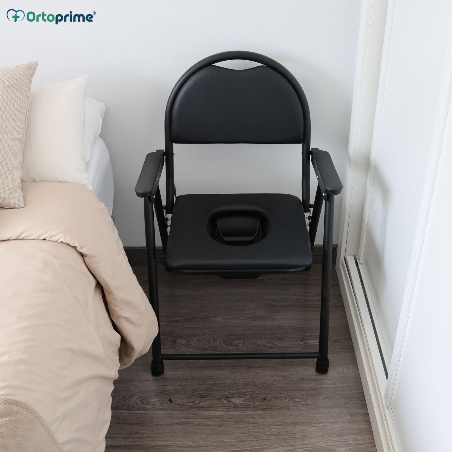 OrtoPrime Toilettenstuhl für Senioren klappbar – WC Stuhl mit Eimer – Nachtstuhl für Erwachsene – Klostuhl höhenverstellbar – Toilettenstuhl mit Inodoro – Leibstuhl für Senioren, stabil & sicher