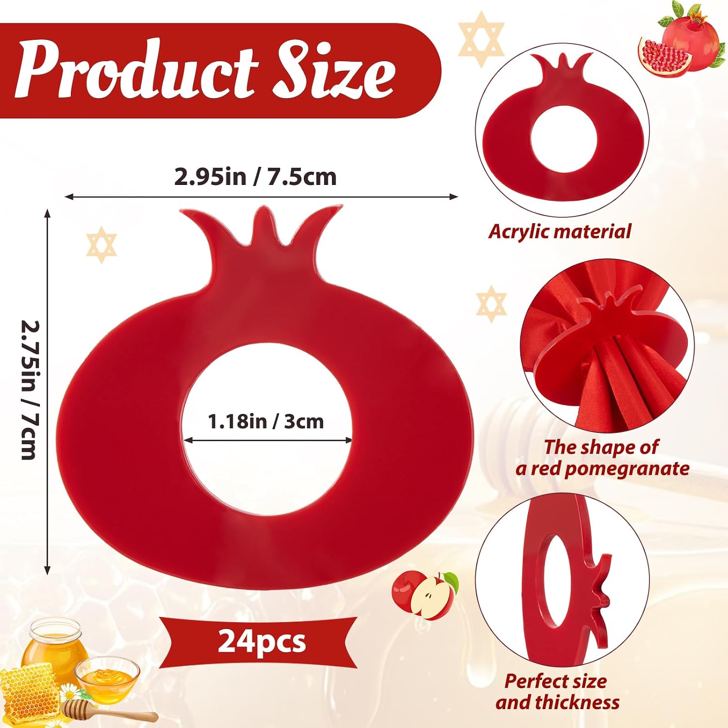 APTWOW Rosh Hashanah Decorations, 24Pcs Red Pomegranate Napkin Rings