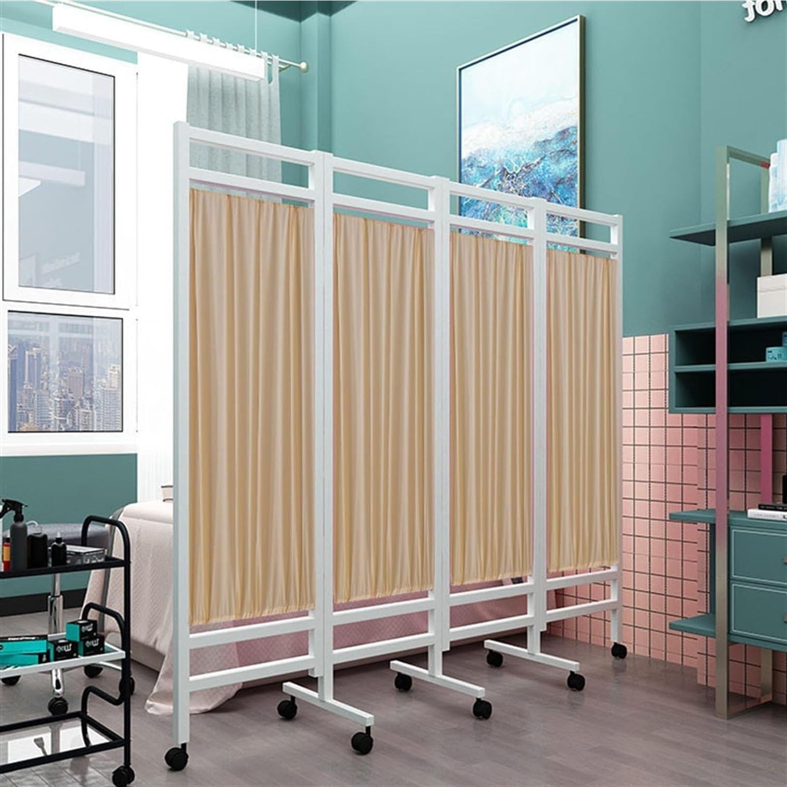 Paravent de séparation de pièce beige pliable et autoportant en acier inoxydable