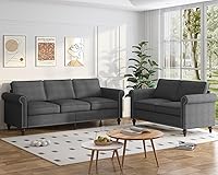 Vista 10 de Mjkone Juego de sofá de sala de estar, 2 piezas, sofá seccional, juego de sofá y silla, sofá moderno de lino con marco de madera y formas de claro