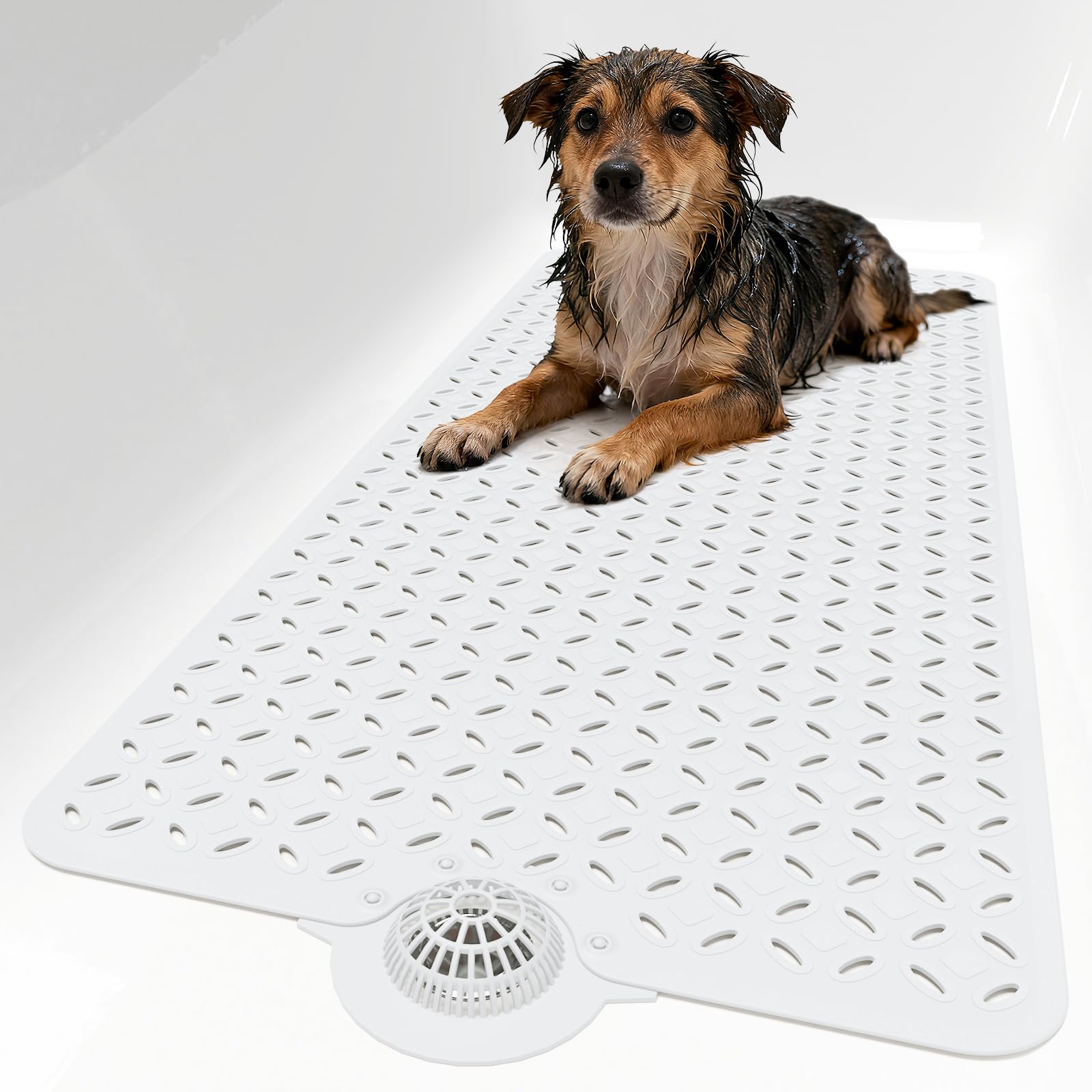 Yolife Bath Mat for Tub Non Slip: 43 X 100 cm Long Bathtub Mat with Hair Catcher│Big Drain Holes Shower Mats for Inside Shower│Machine Washable (White)