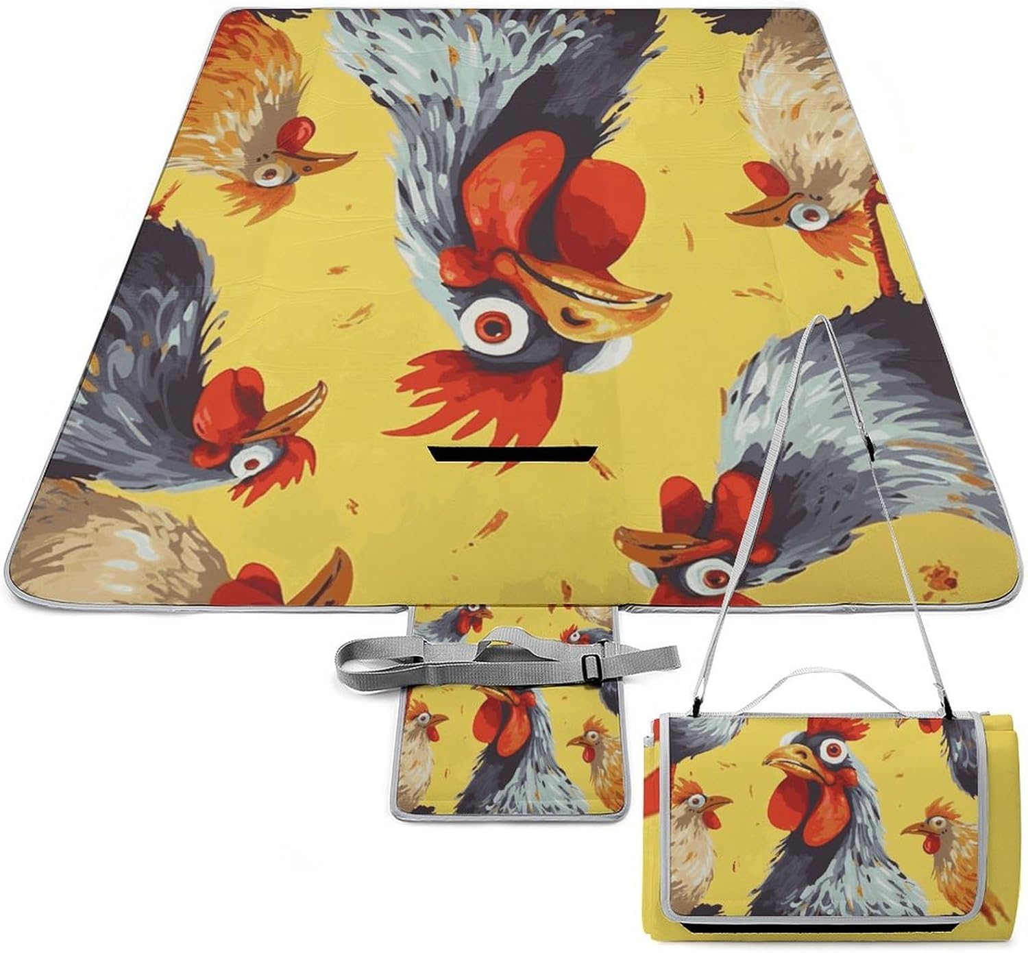 Art Chicken Painting Waterproof Picnic Blanket 58.3''x58.3'',Portable and Foldable Picnic Mat with Handle,Outdoor Blankets for Lawn Park Beach Travel