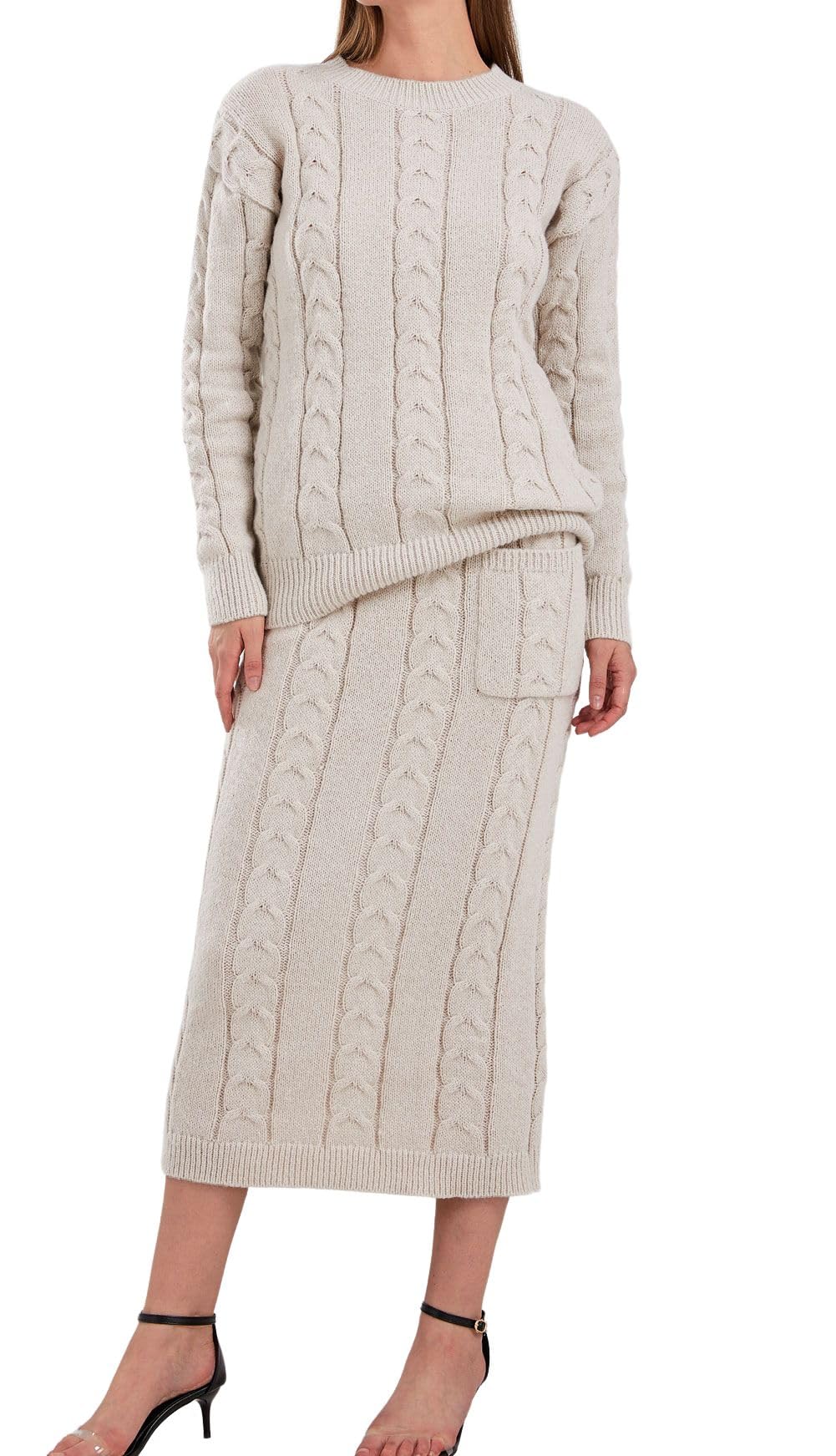loveimgs Womens Trendy Chunky Cable Knit Long Skirt 2 Piece Outfit Sweater Sets