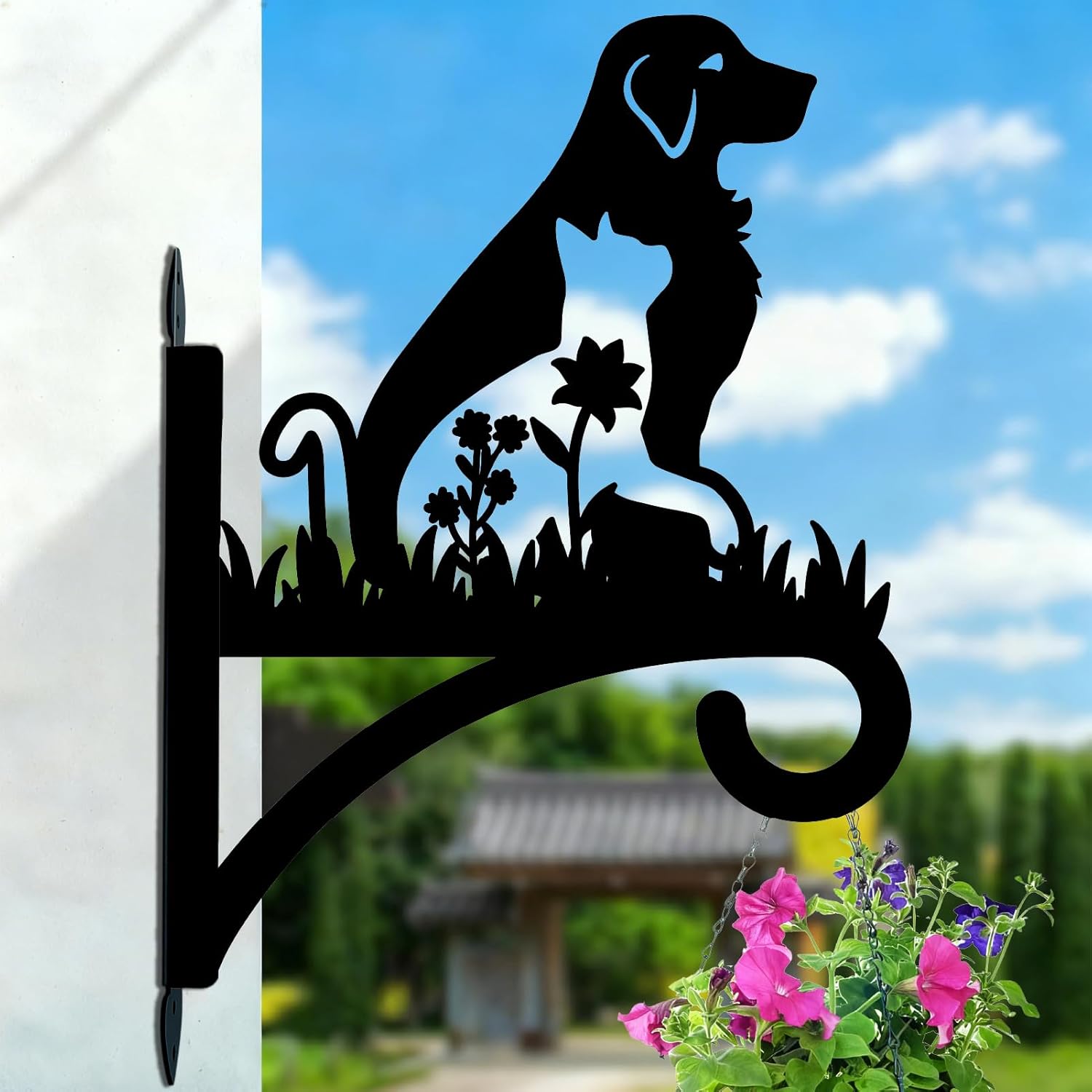 Dog Plant Hanger Bracket Iron Plant Brackets 10.6 x 13.9 Inch Black Flower Cat Dog Silhouette Indoor Outdoor Decorative Basket Wall Mounted Hanging Hooks for Porch Garden Wind Chime Lantern