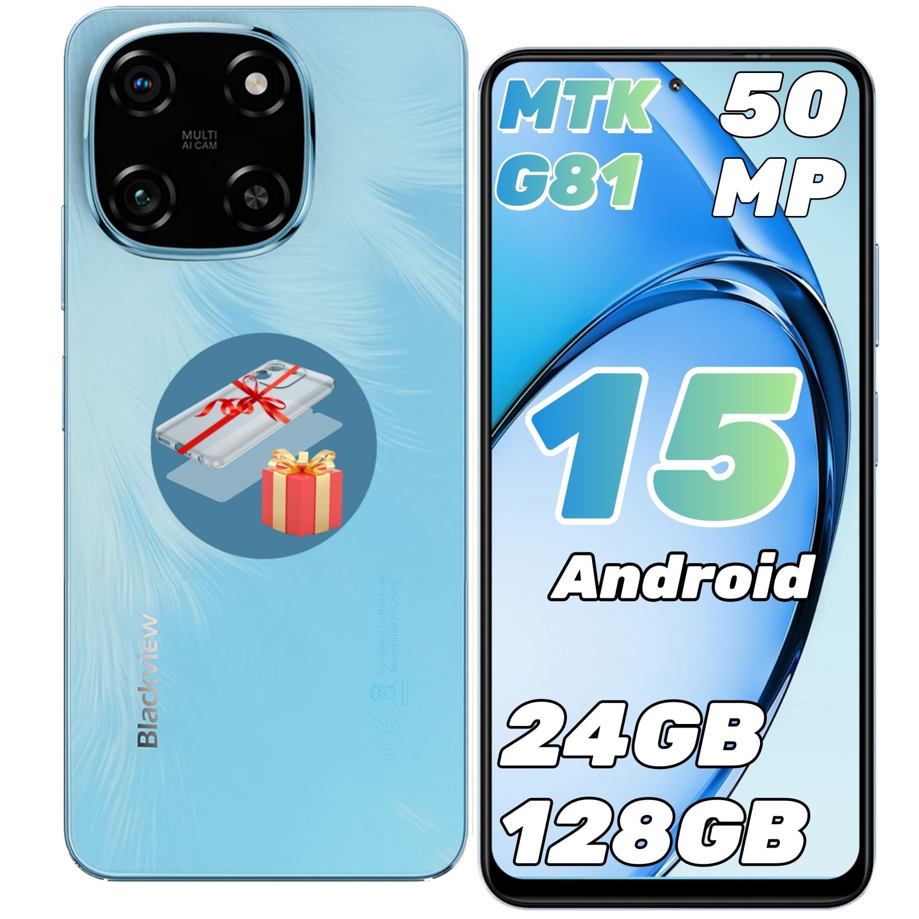 Blackview Color 6 Smartphone Pas Cher 24(8+16) Go+128Go/2TB, Octa-Core, 6.67" 90Hz, 50MP+13MP, Telephone Portable Pas Cher Android 15 5000 mAh, Téléphone Double SIM/OTG/Fingerprint/Prise Casque 3,5mm