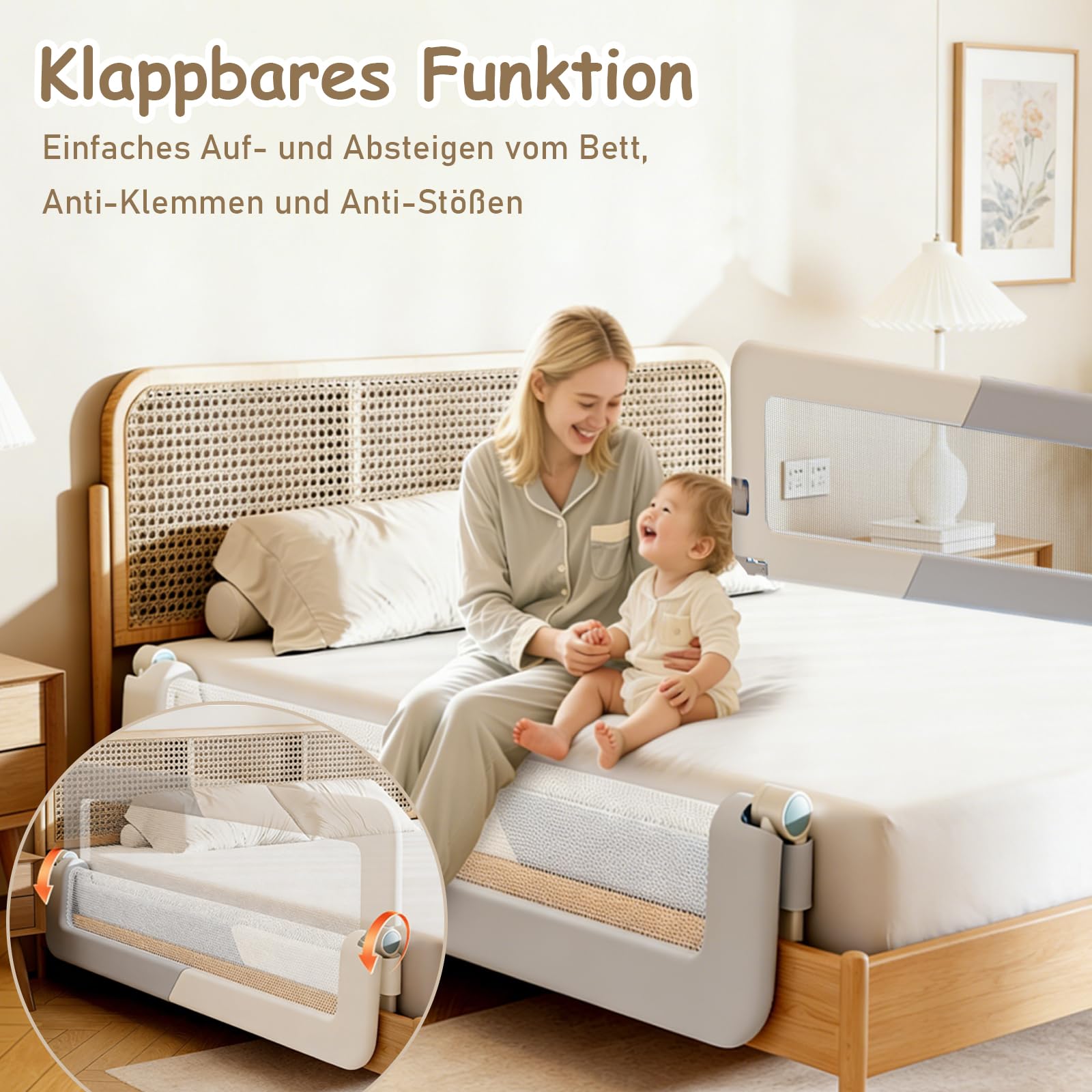 200cm Rausfallschutz Bett, Höhenverstellbar Bettschutzgitter Baby | Rausfallschutz Boxspringbett, Bettgitter Klappbar, Bett Rausfallschutz für Baby und Kinder, Schnelle Montage