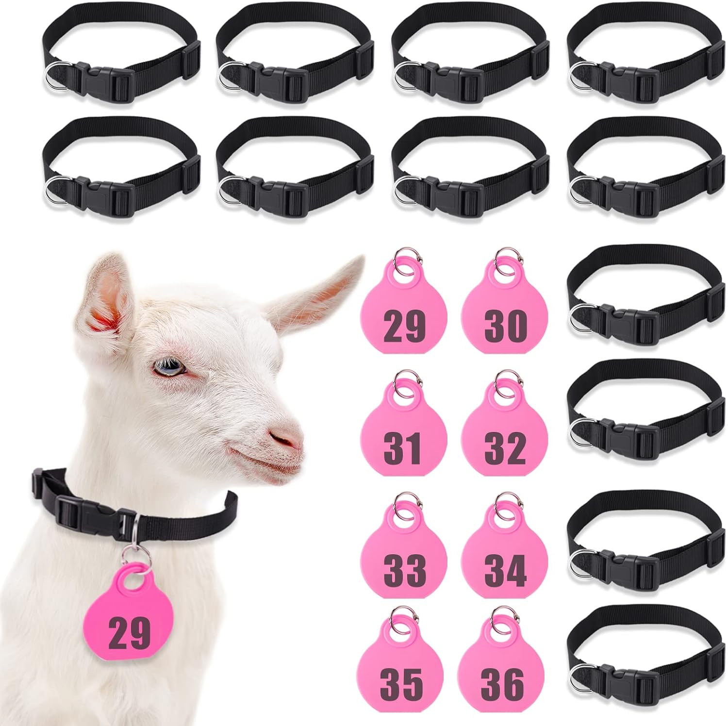 28 Pack Goat Collar with Number Tag Adjustable Nylon Collar