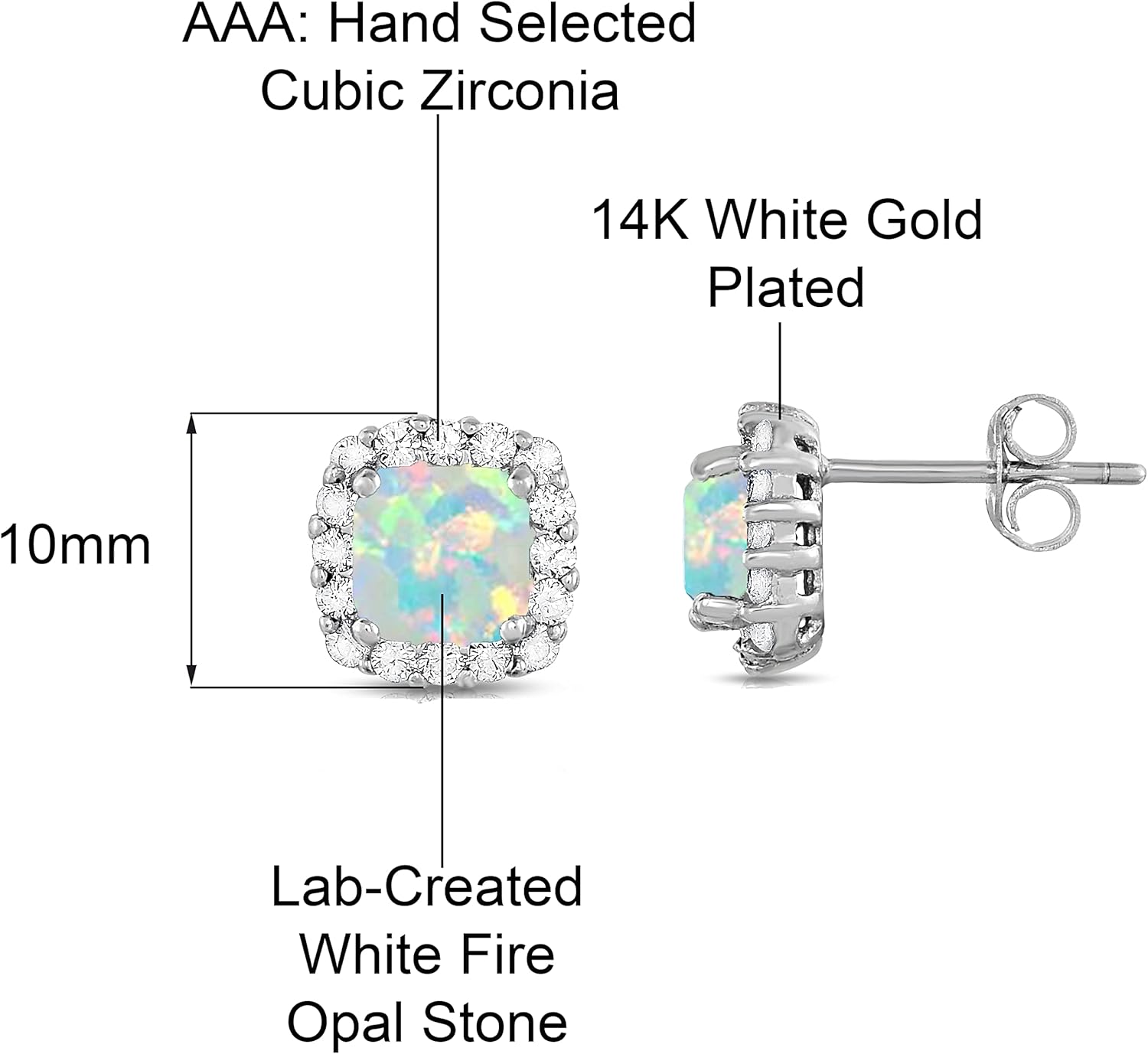 Savlano 14K White Gold Plated 10MM Square Cubic Zirconia Created White Fire Opal Stud Earrings, Comes with Gift Box for Women - Image 3