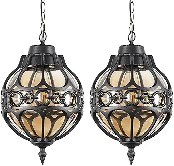 Globe Outdoor Pendant Lights for Porch Patio Garage, Matte Black Aluminum Anti-Rust Hanging Light Fixture, Industrial Round Amber Glass Exterior Chandelier, Outside Pendant Lamp, 2 Pack