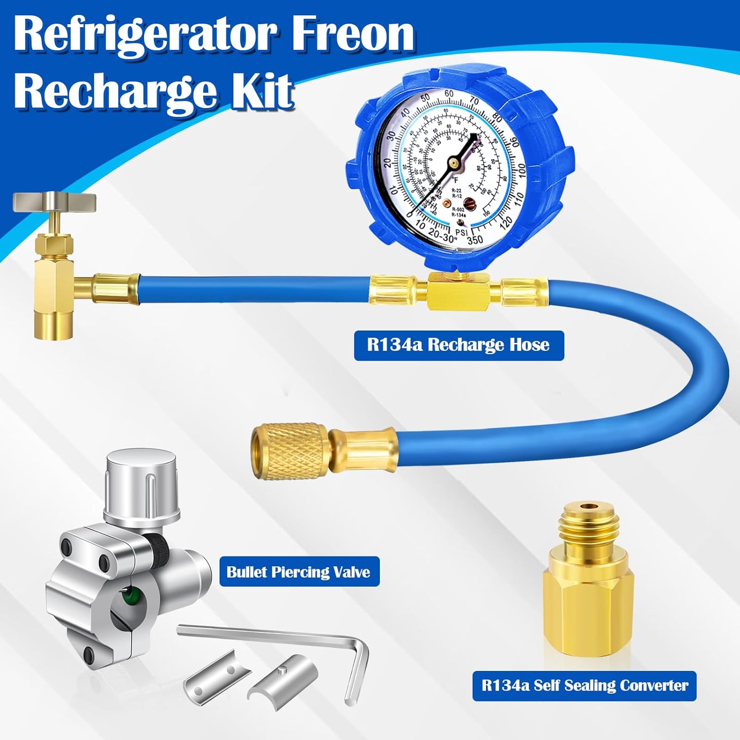 Refrigerator Freon Recharge Hose Kit-R134a R12 R22 Fridge Recharge Tool Kit with 2 BPV31 Bullet Piercing Tap Valves,1 R134a Self-Sealing Adapter, for Refrigerator Refrigerant Refilling (White-Style 1)