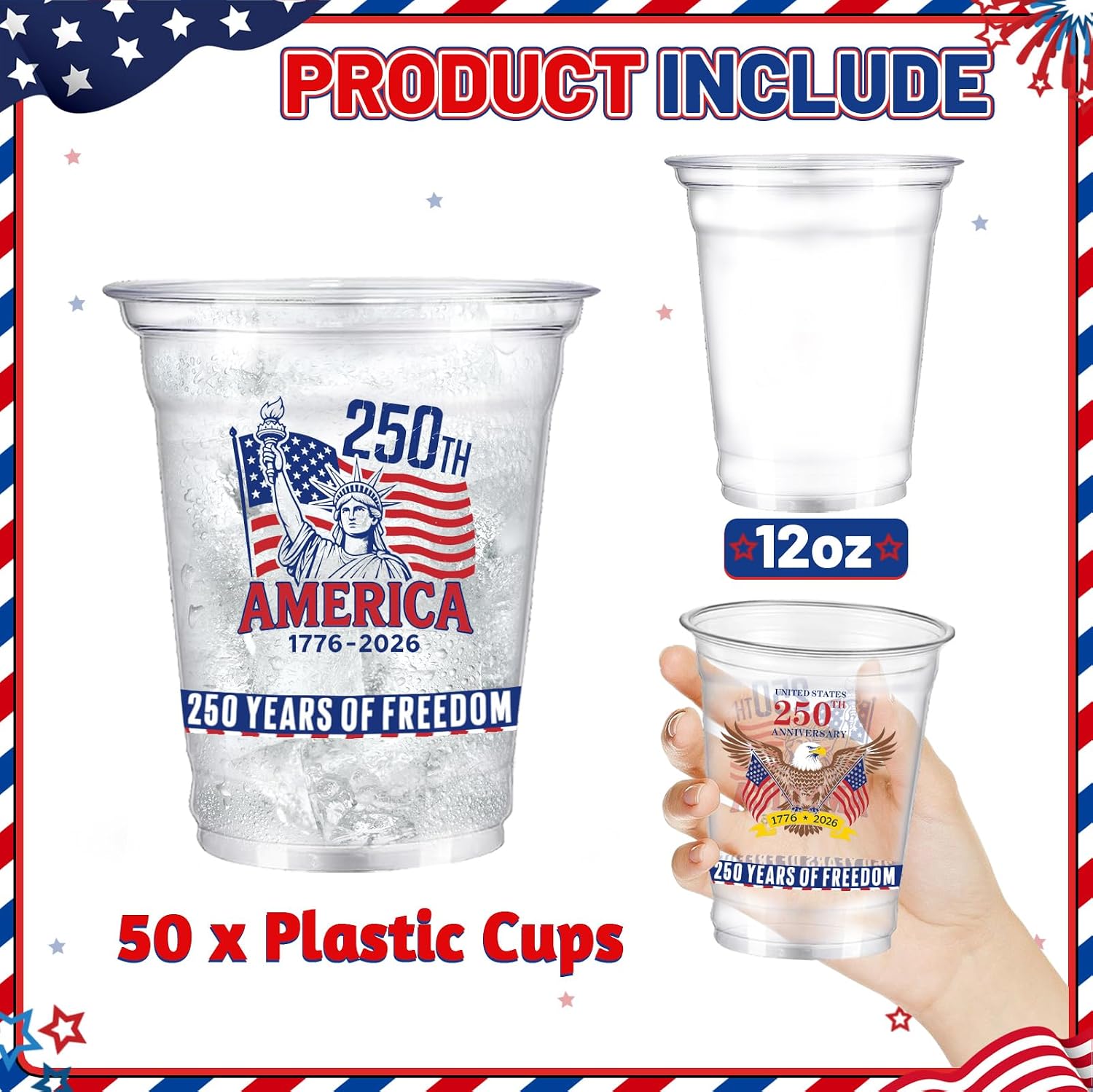 USA 250th Anniversary Plastic Cups 12oz 4th of July Disposable Clear Plastic Cups 1776-2026 Freedom Thick Clear Drinkware for Independence Day 4th of July Party Supplies