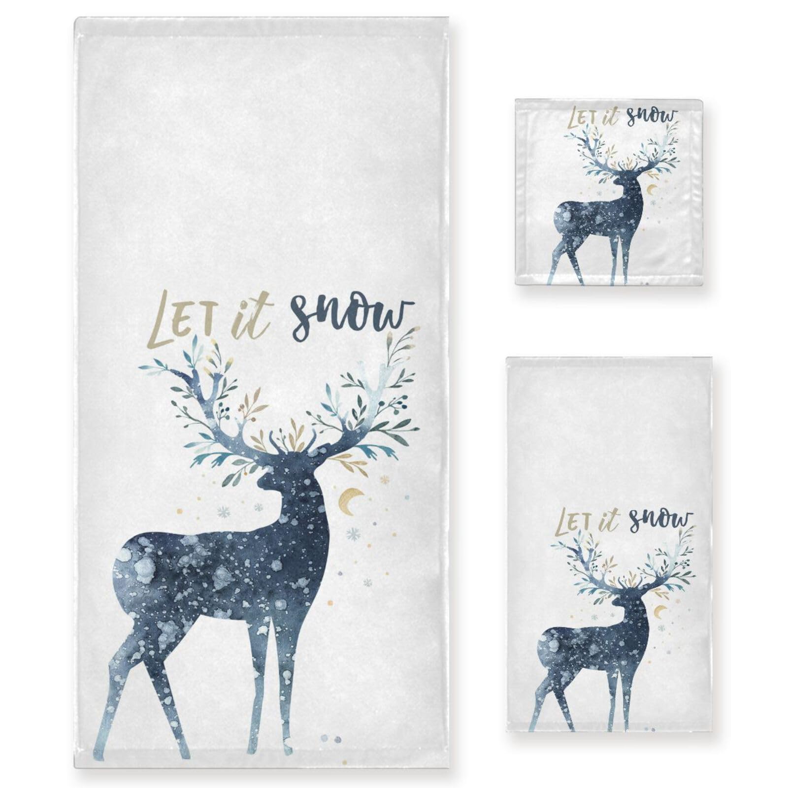 Vdsrup Winter Snowflakes Deer Bathroom Towels Set of 3 Let It Snow Christmas Bath Hand Towel Soft Washcloth Beach Face Guest Towel Kitchen Tea Dish Towels Housewarming Gifts